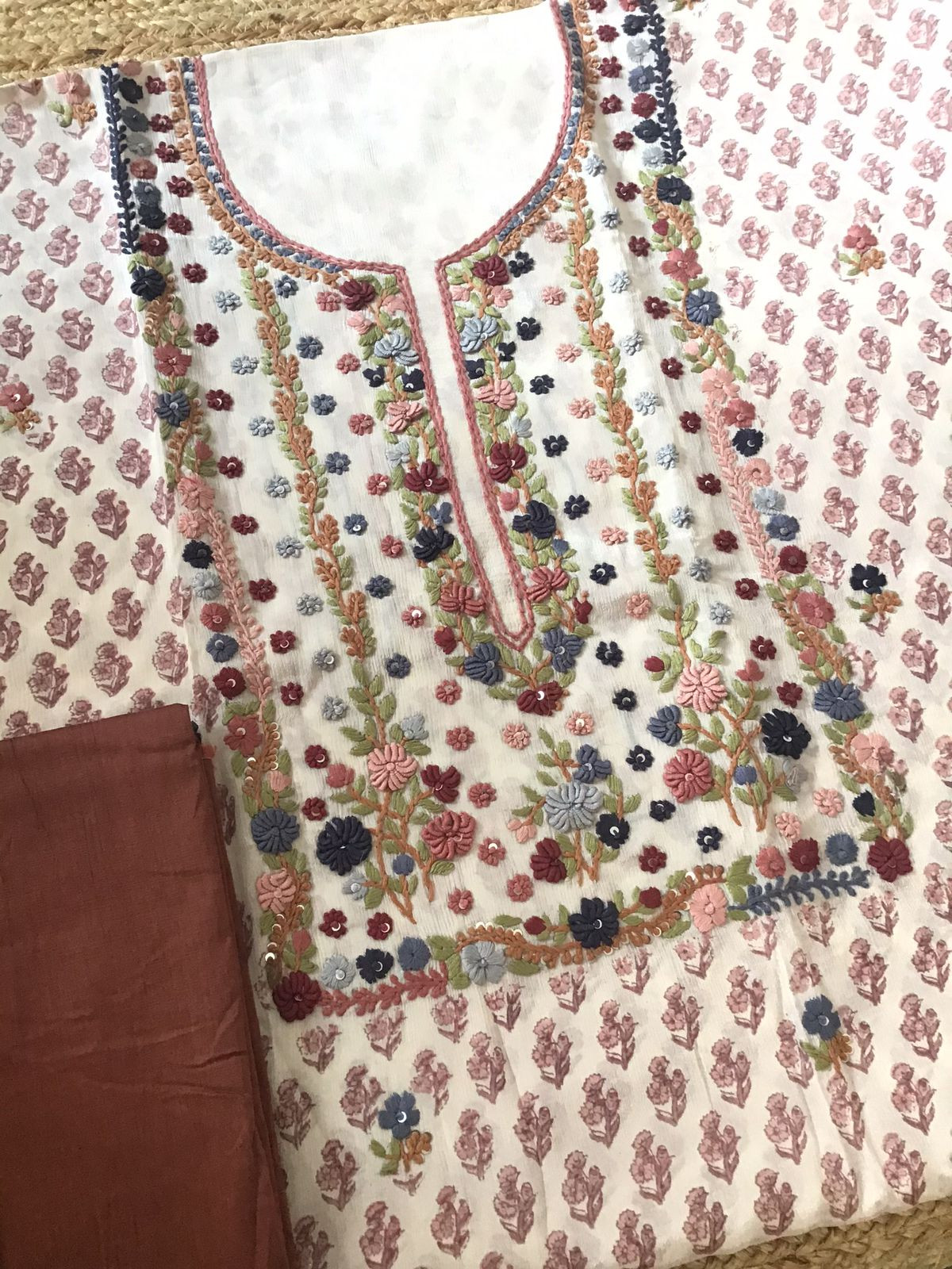 Pure Fine Chinnon Silk Printed Embroidered Suit - Cream