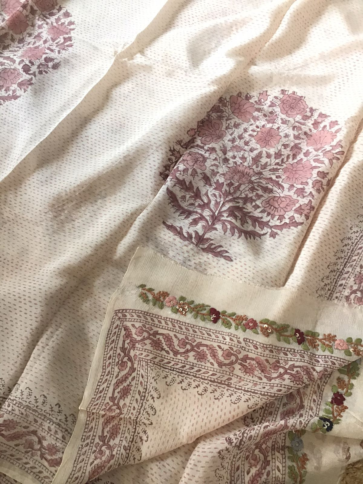 Pure Fine Chinnon Silk Printed Embroidered Suit - Cream