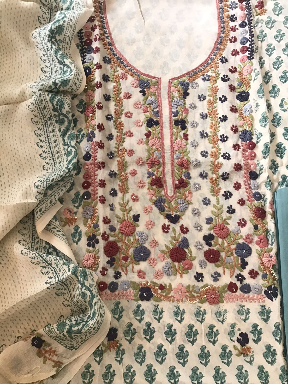 Pure Fine Chinnon Silk Printed Embroidered Suit - Cream