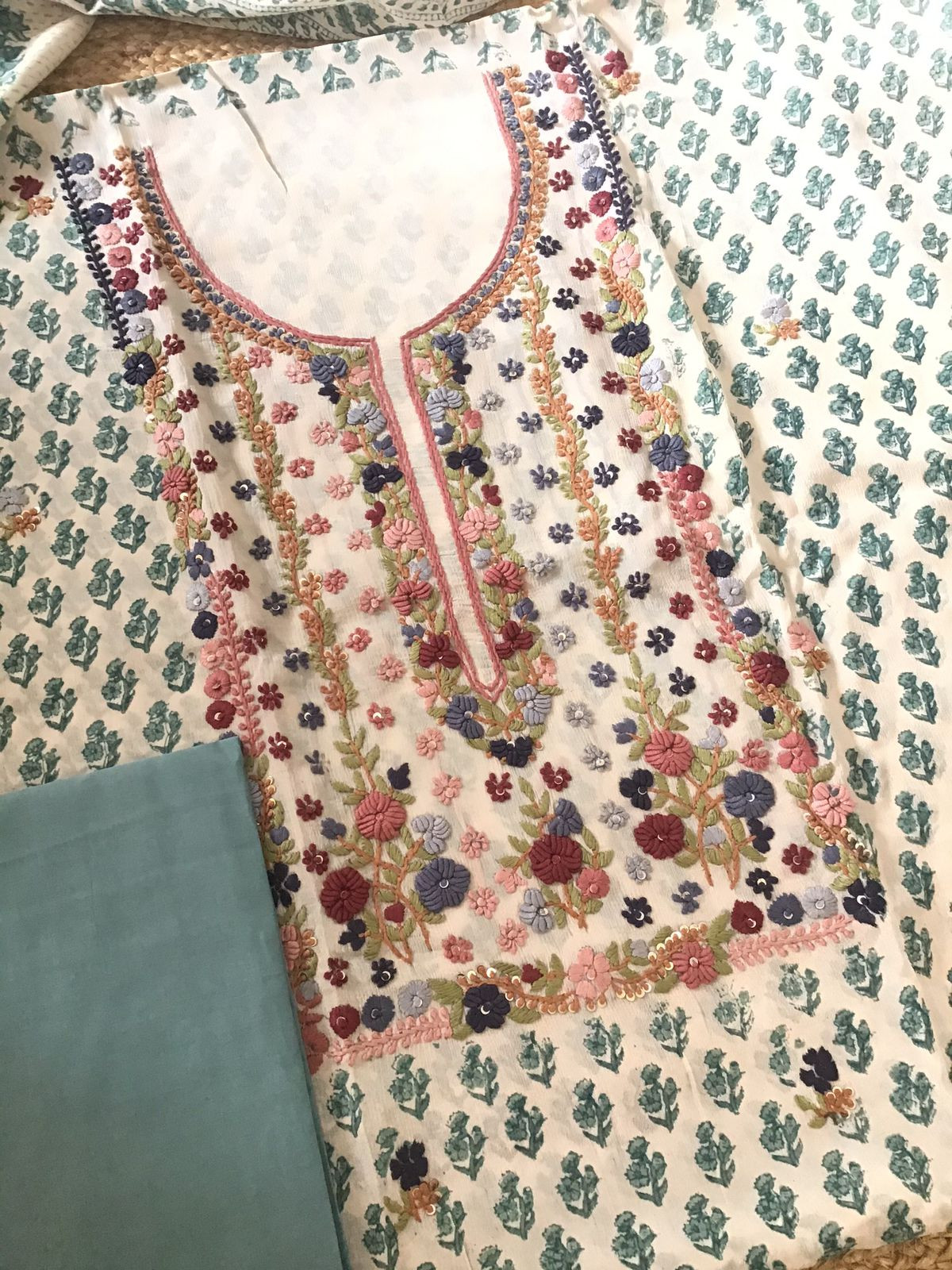 Pure Fine Chinnon Silk Printed Embroidered Suit - Cream