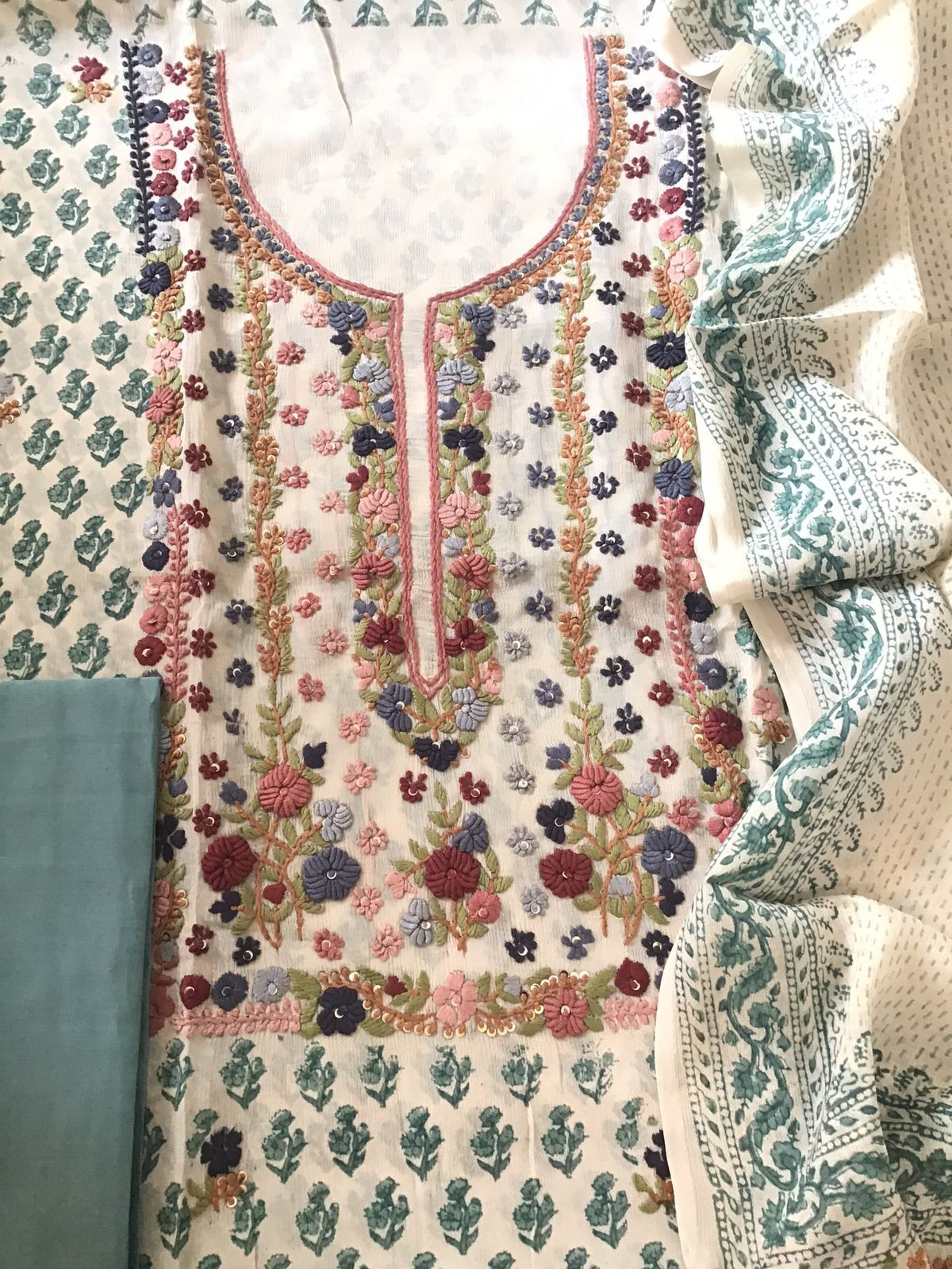 Pure Fine Chinnon Silk Printed Embroidered Suit - Cream