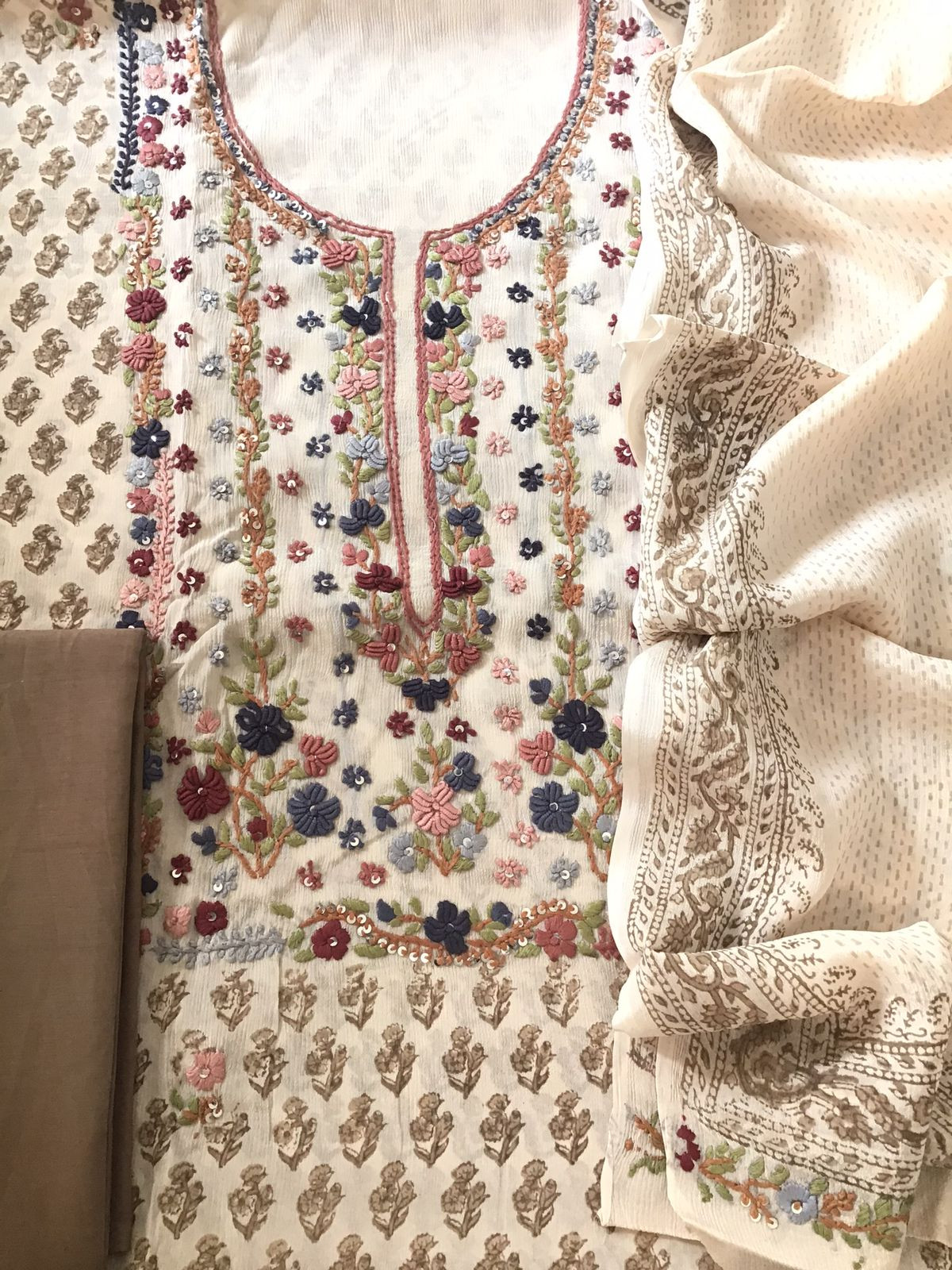 Pure Fine Chinnon Silk Printed Embroidered Suit - Cream
