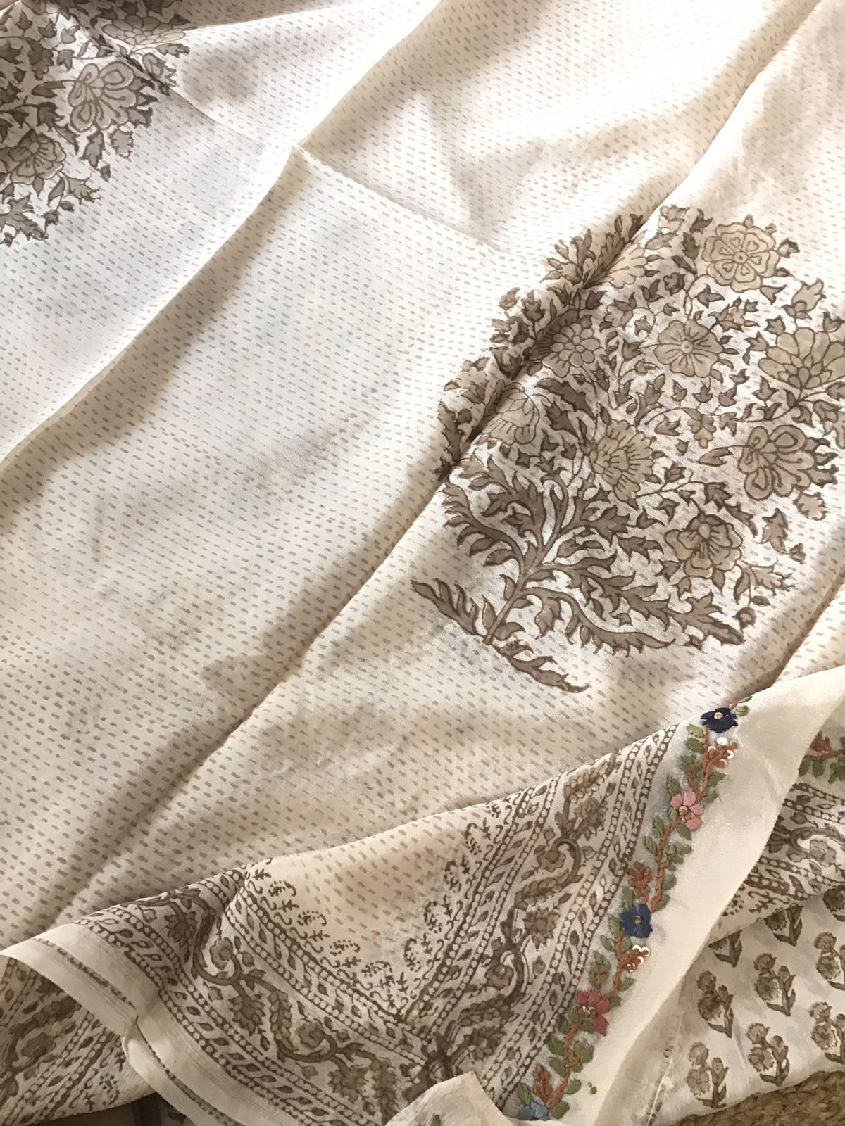 Pure Fine Chinnon Silk Printed Embroidered Suit - Cream