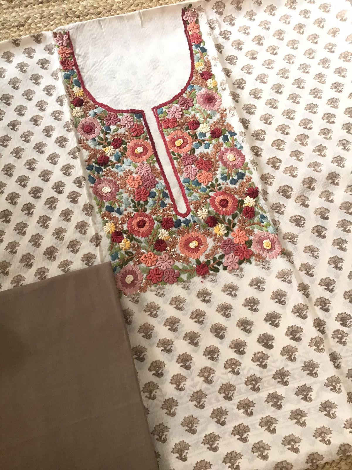 Pure Fine Chinnon Silk Printed Embroidered Suit - Cream