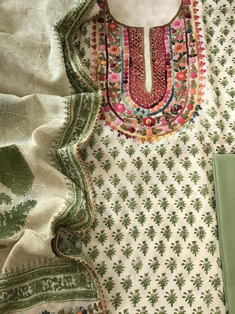 Pure Fine Chinnon Silk Printed Embroidered Suit - Cream