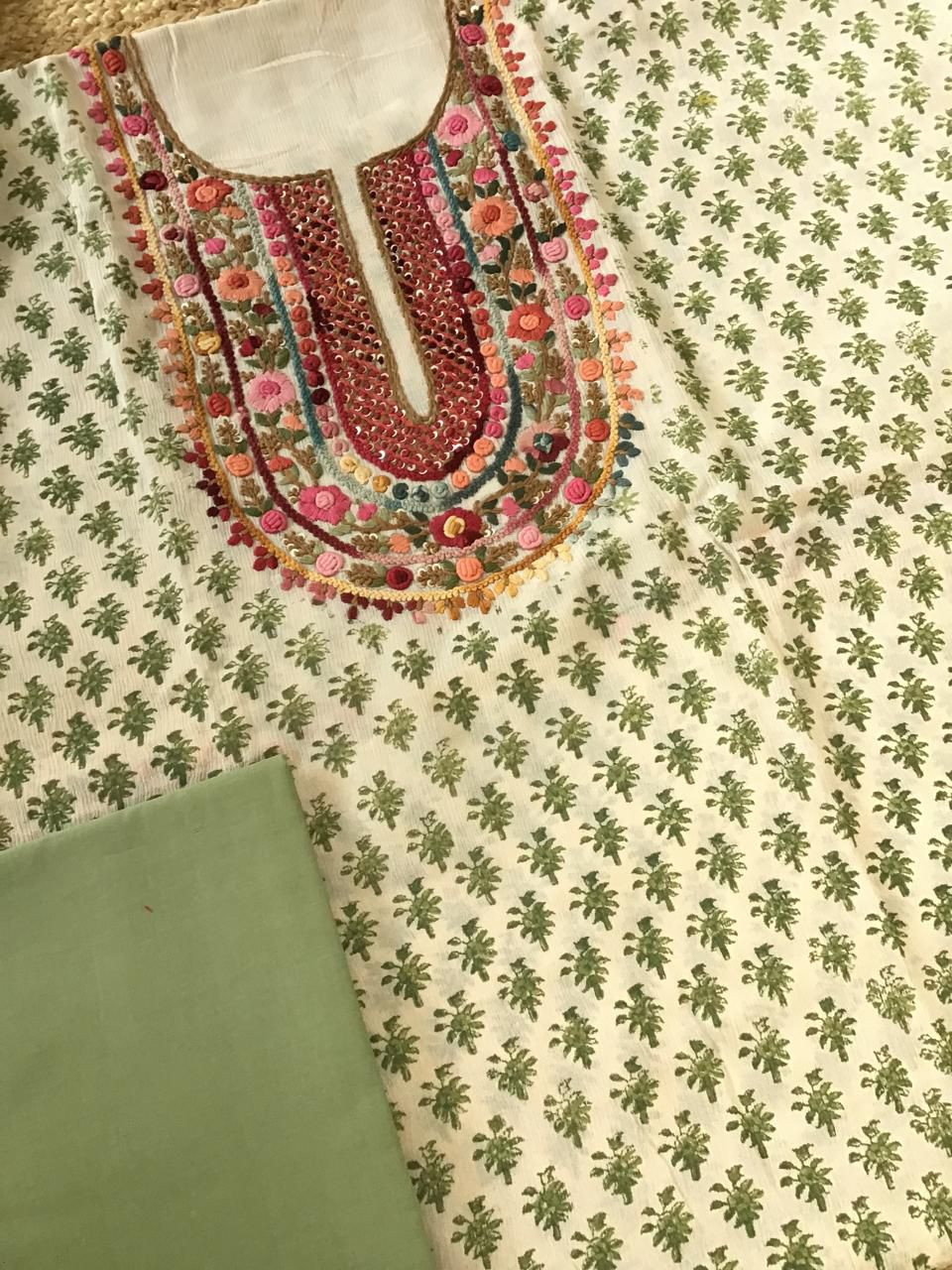 Pure Fine Chinnon Silk Printed Embroidered Suit - Cream