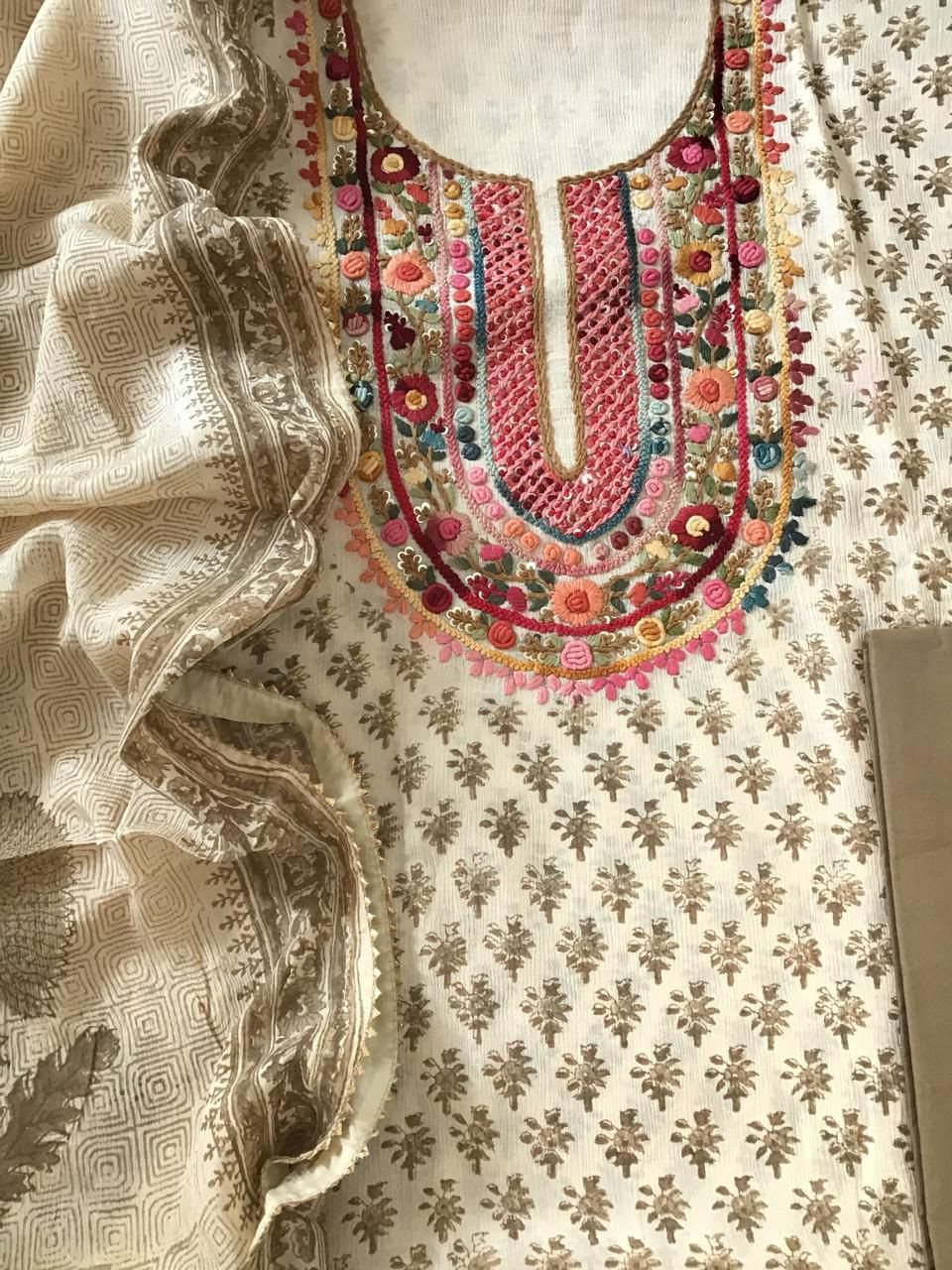 Pure Fine Chinnon Silk Printed Embroidered Suit - Cream