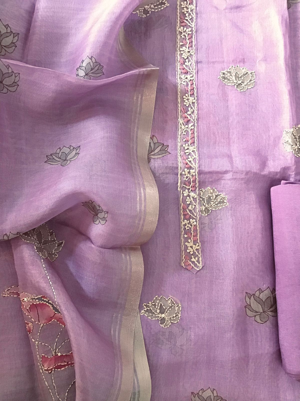 Soft Semi Organza Printed Embroidered Suit - Purple