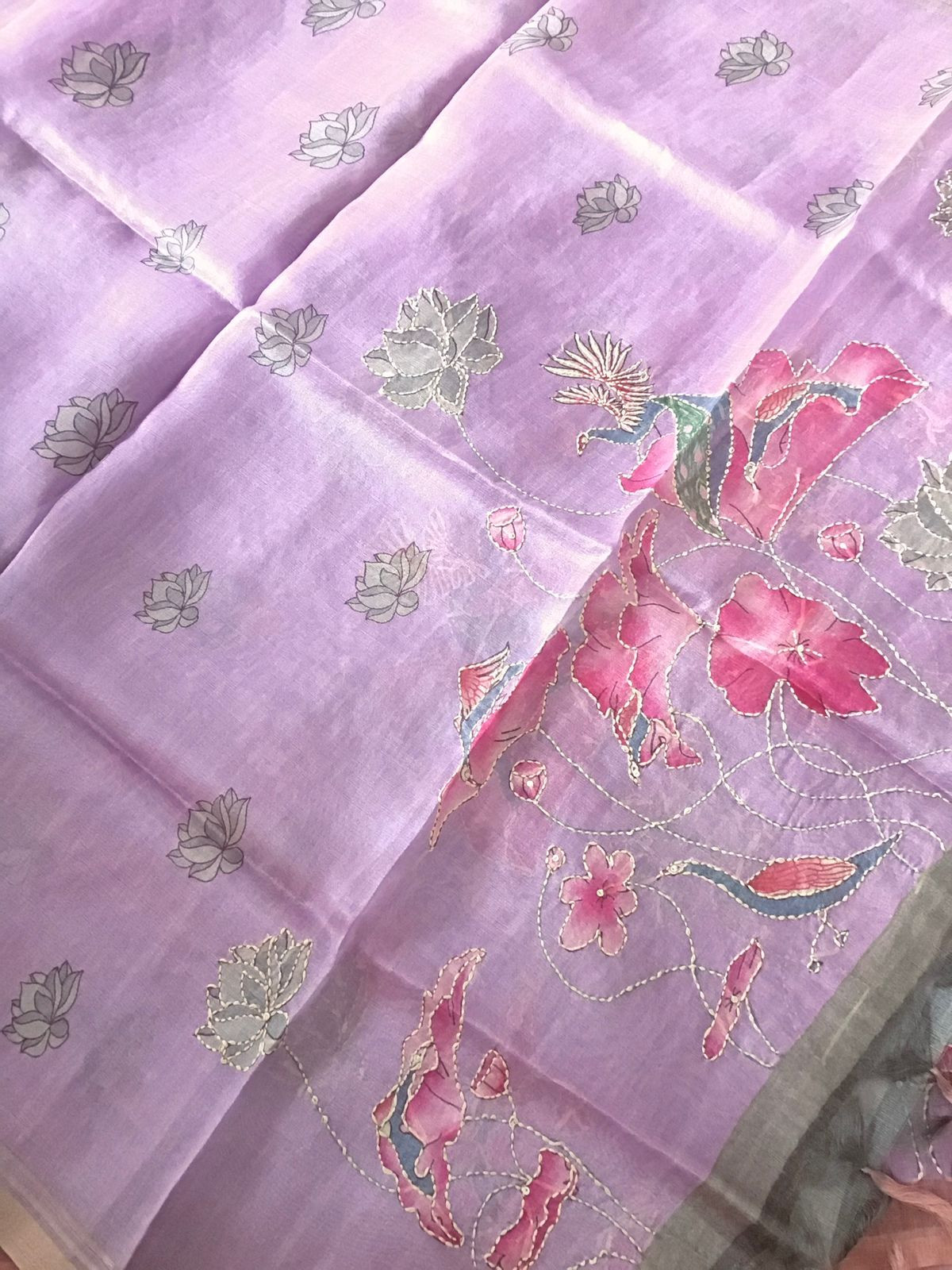 Soft Semi Organza Printed Embroidered Suit - Purple