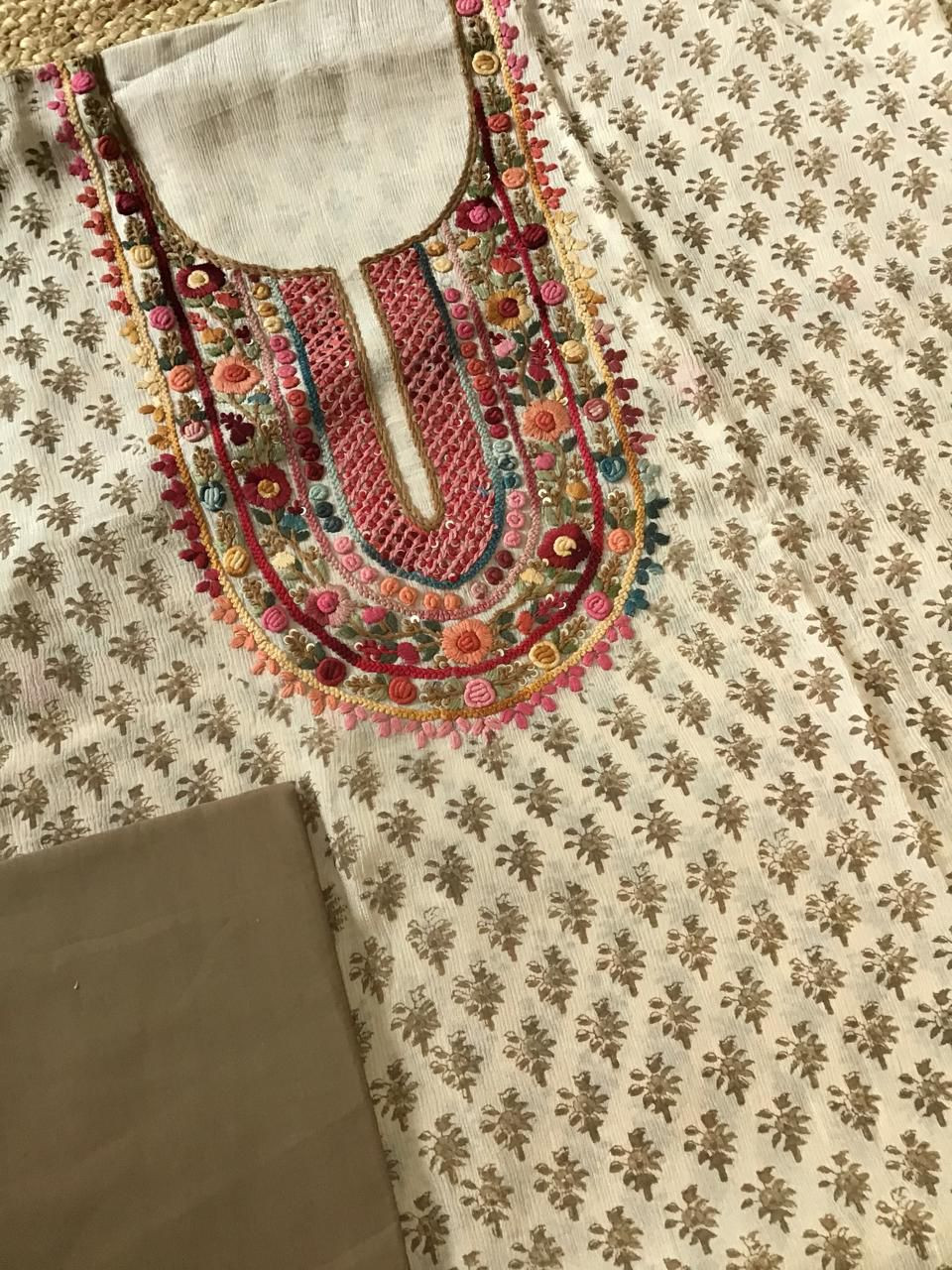 Pure Fine Chinnon Silk Printed Embroidered Suit - Cream