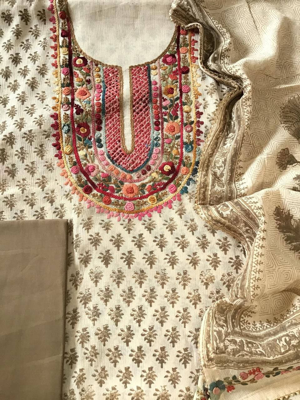 Pure Fine Chinnon Silk Printed Embroidered Suit - Cream