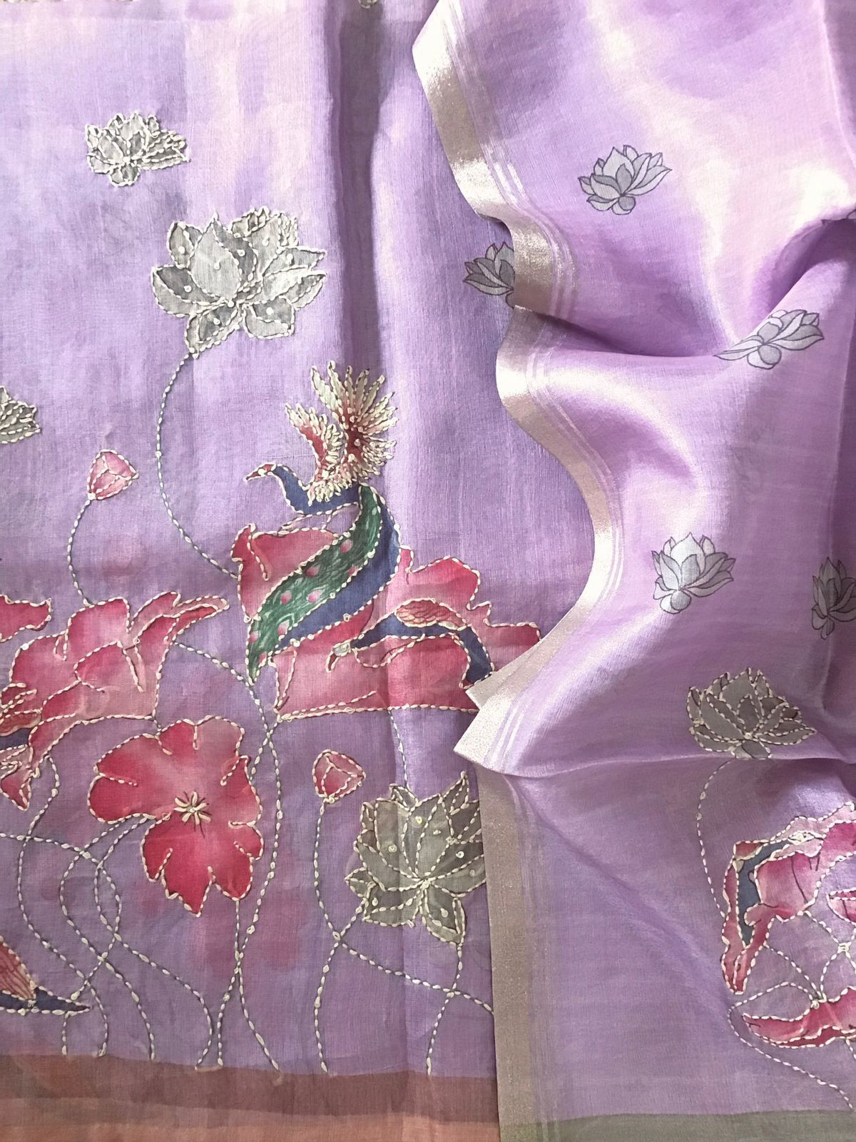 Soft Semi Organza Printed Embroidered Suit - Purple