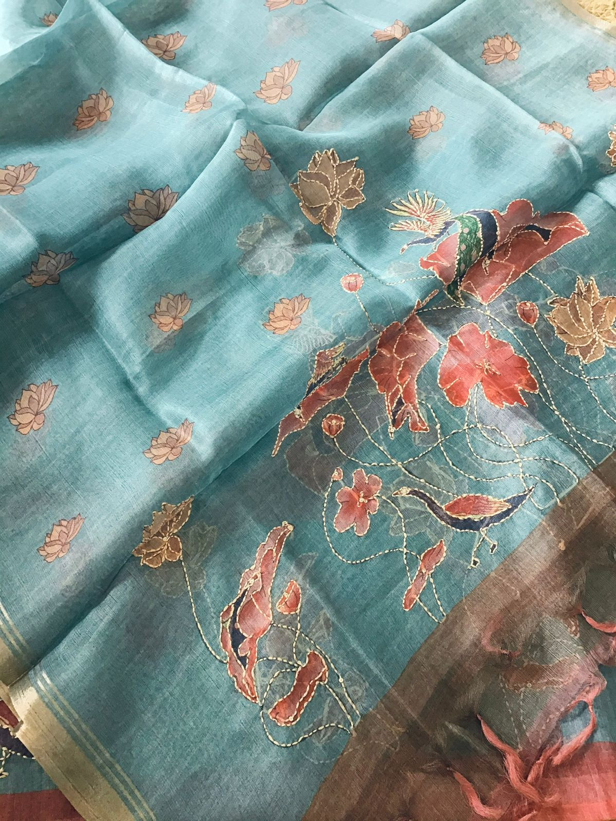 Soft Semi Organza Printed Embroidered Suit - Bluish Green