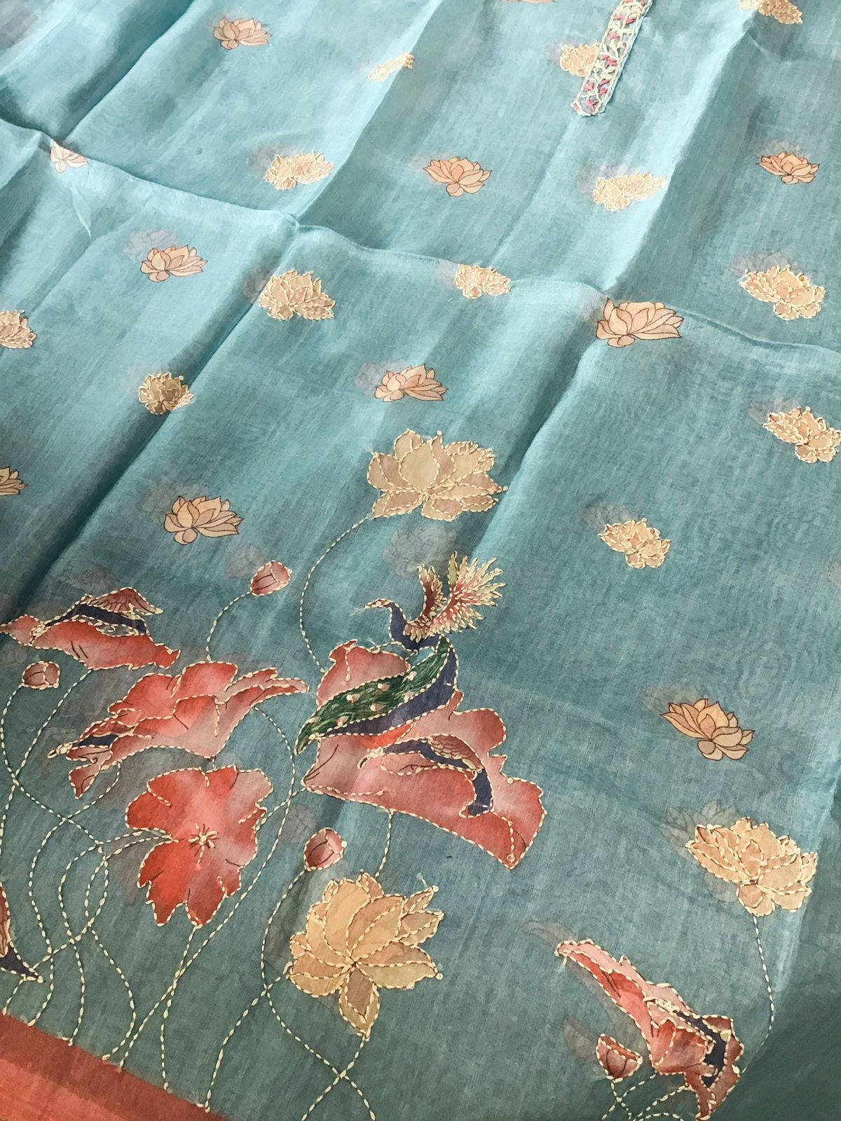 Soft Semi Organza Printed Embroidered Suit - Bluish Green