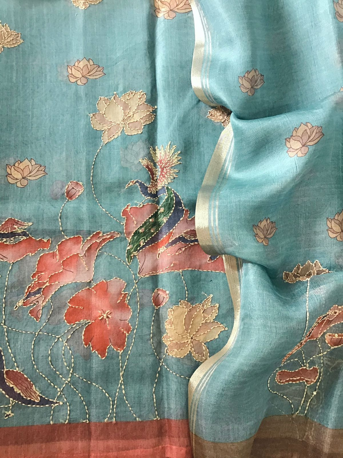 Soft Semi Organza Printed Embroidered Suit - Bluish Green