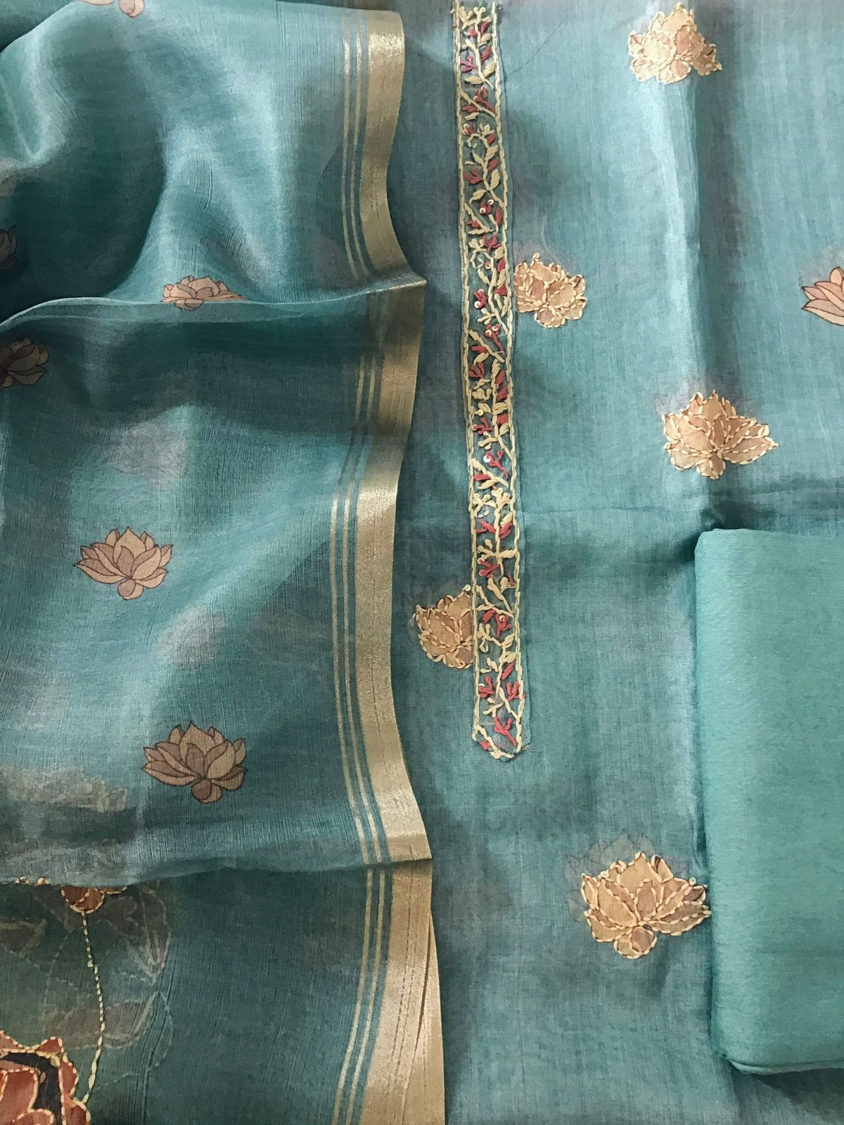 Soft Semi Organza Printed Embroidered Suit - Bluish Green