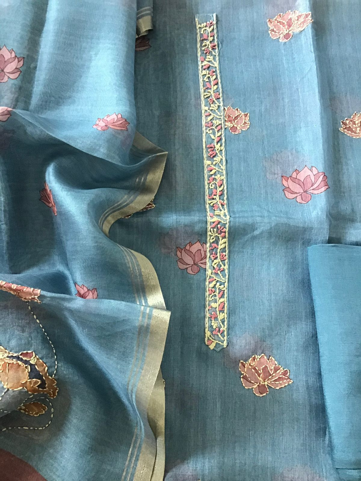 Soft Semi Organza Printed Embroidered Suit - Grey