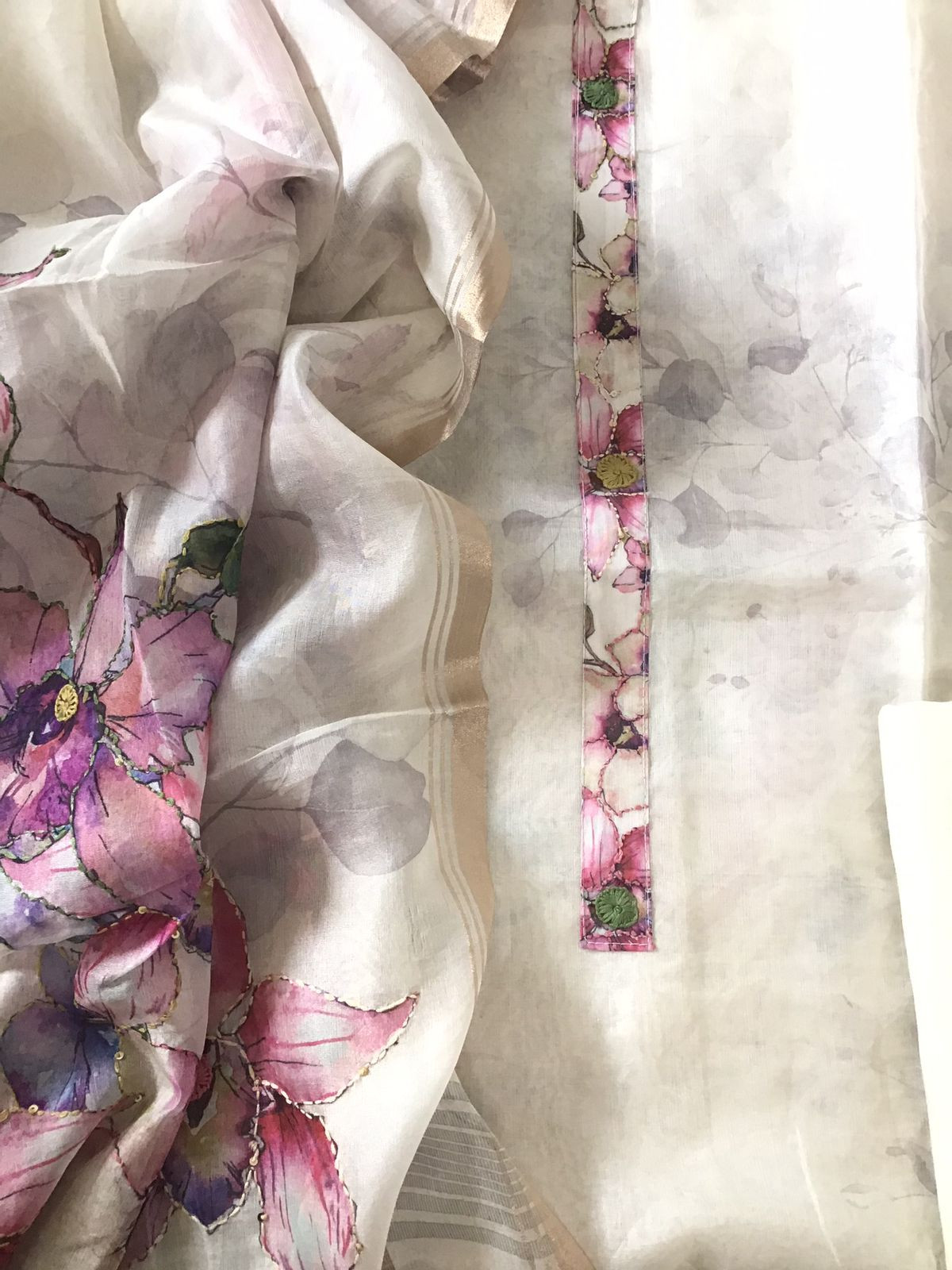 Soft Semi Organza Printed Embroidered Suit - Off White