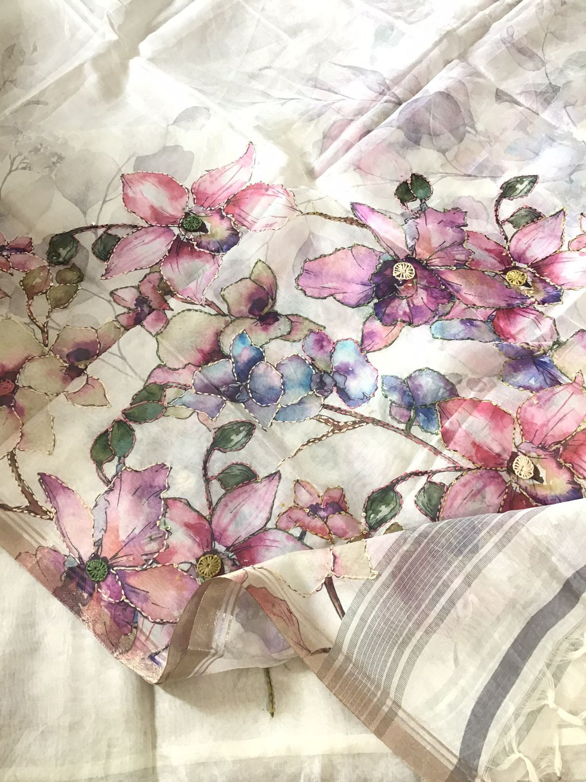 Soft Semi Organza Printed Embroidered Suit - Off White