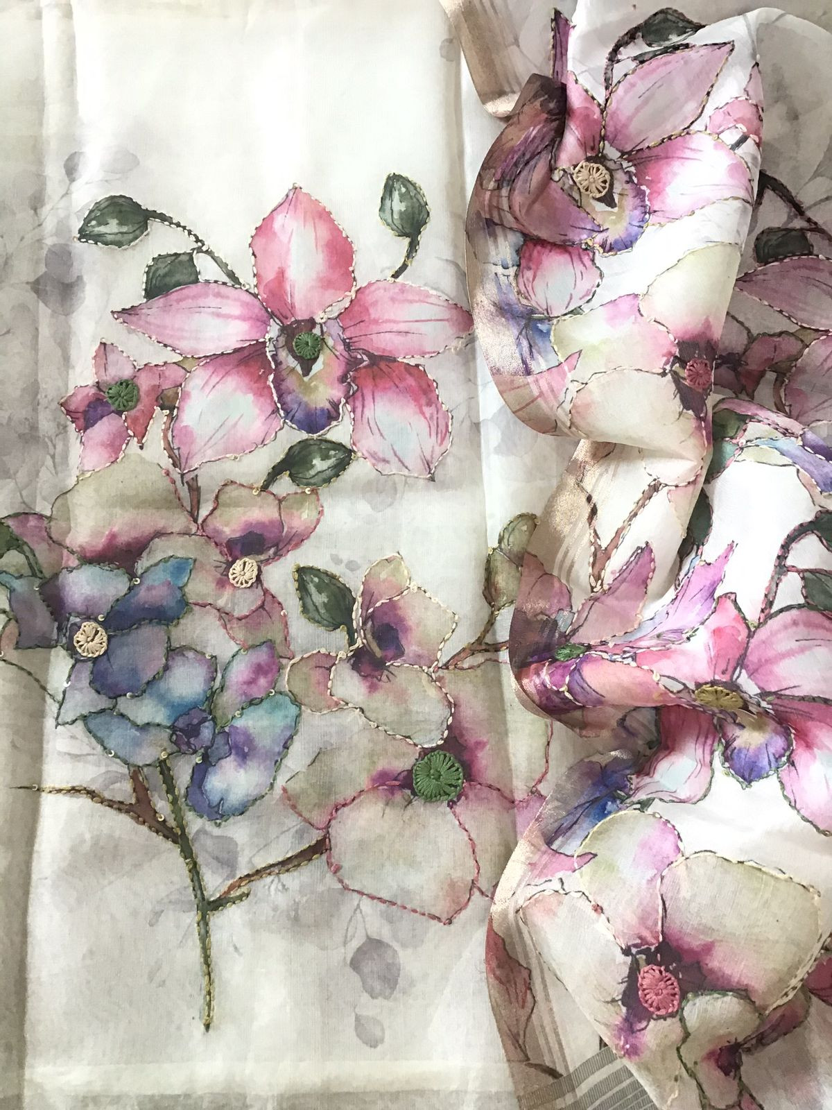 Soft Semi Organza Printed Embroidered Suit - Off White