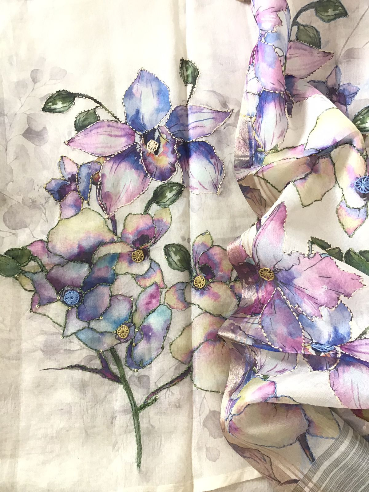 Soft Semi Organza Printed Embroidered Suit - Off White