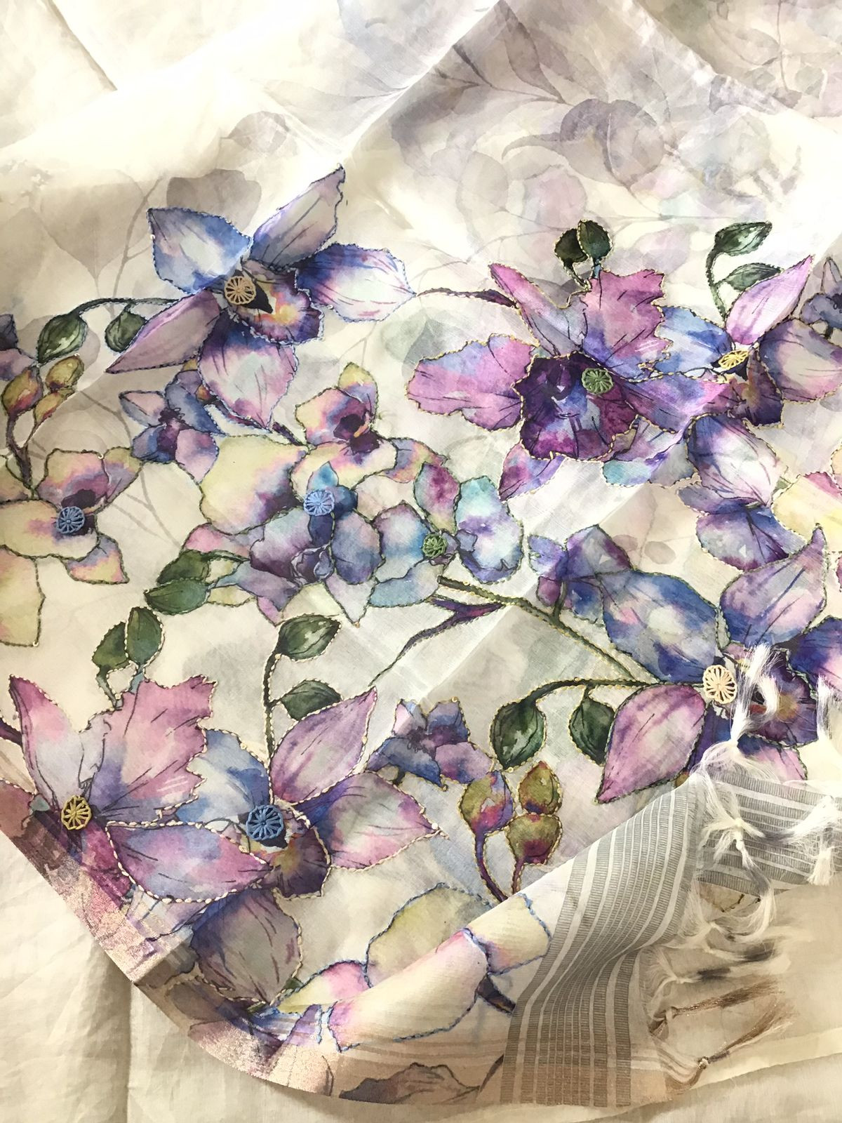 Soft Semi Organza Printed Embroidered Suit - Off White