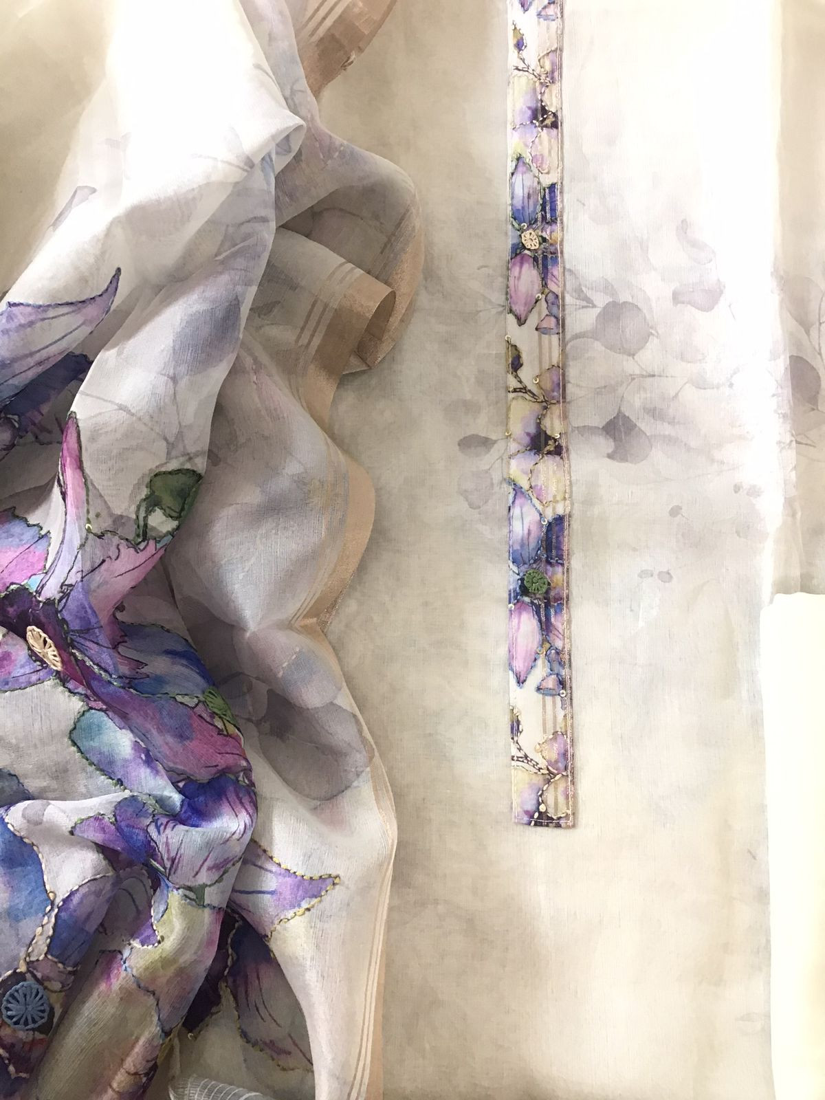 Soft Semi Organza Printed Embroidered Suit - Off White