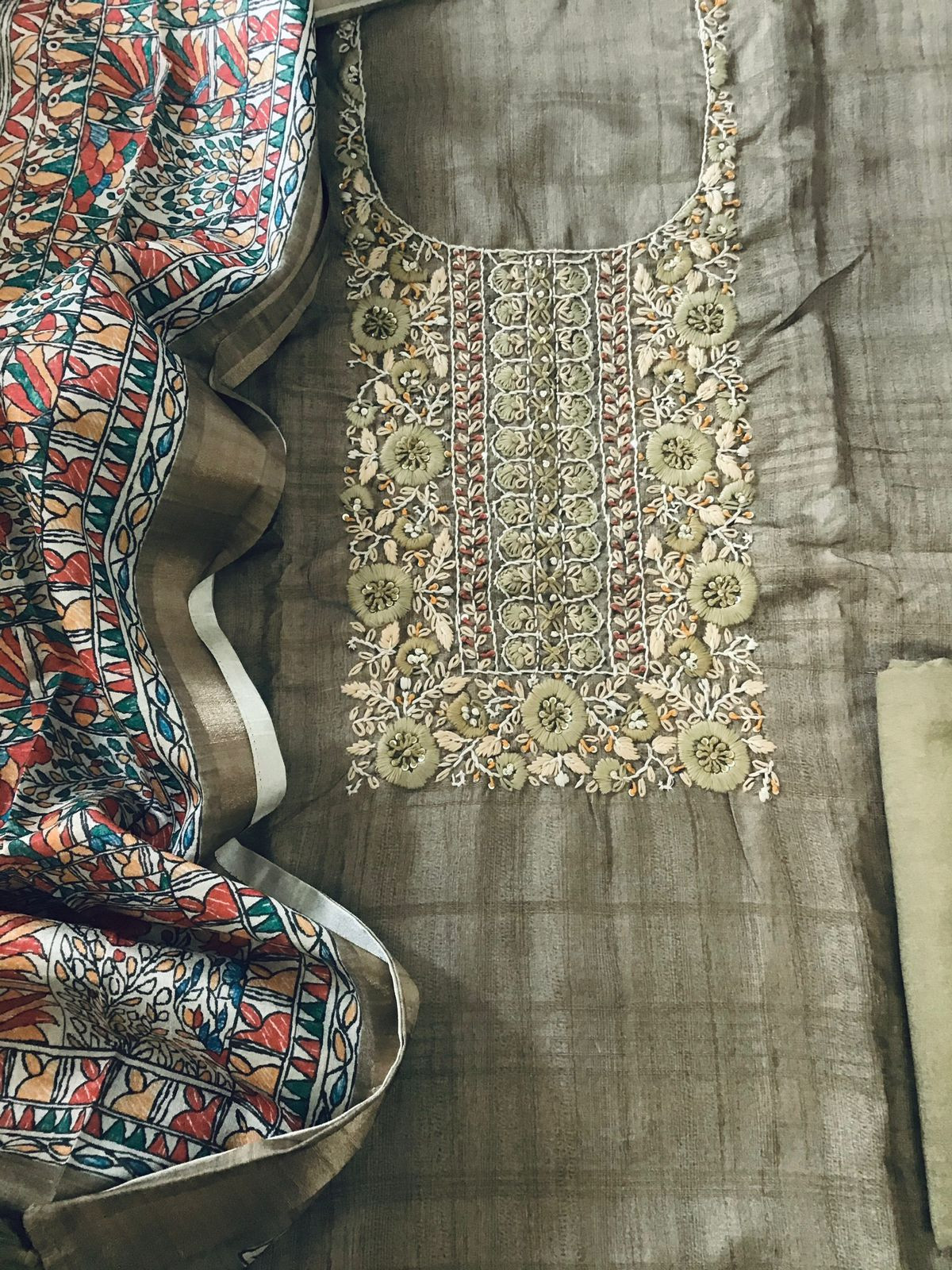 Soft Semi Tussar Printed Embroidered Suit - Brown
