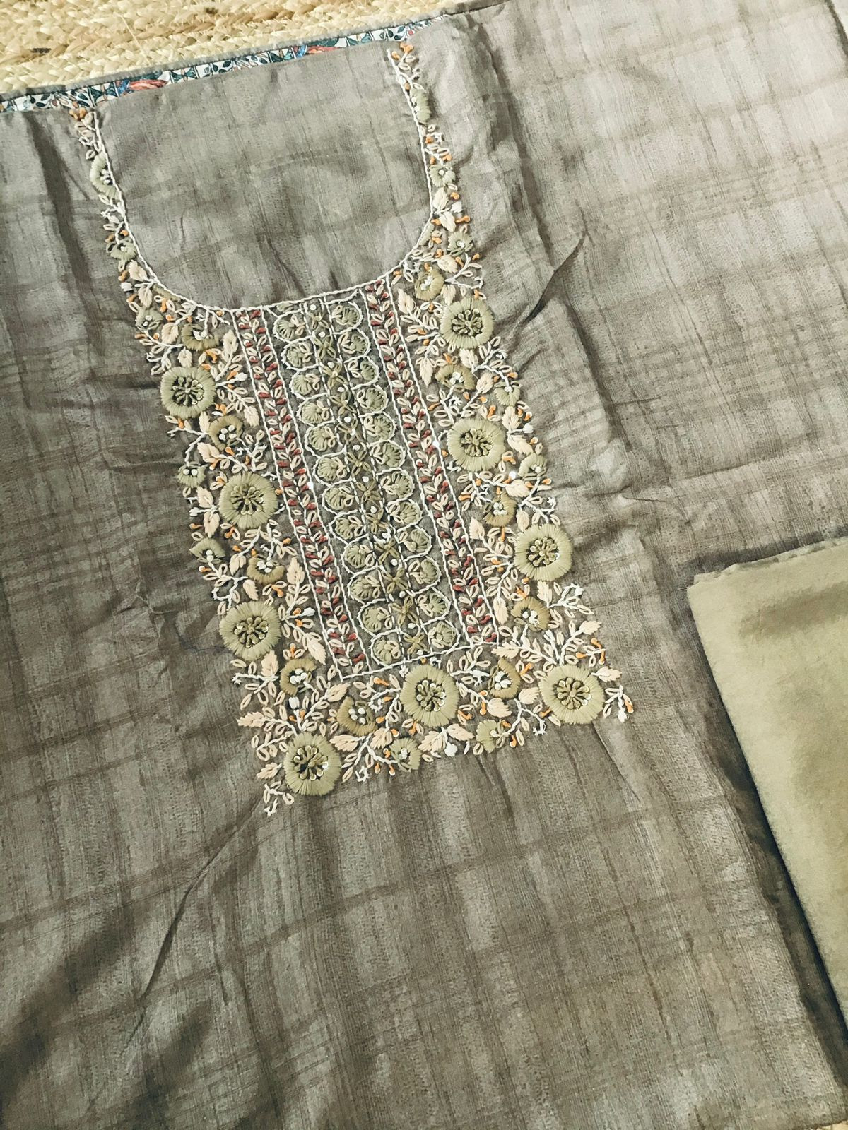 Soft Semi Tussar Printed Embroidered Suit - Brown