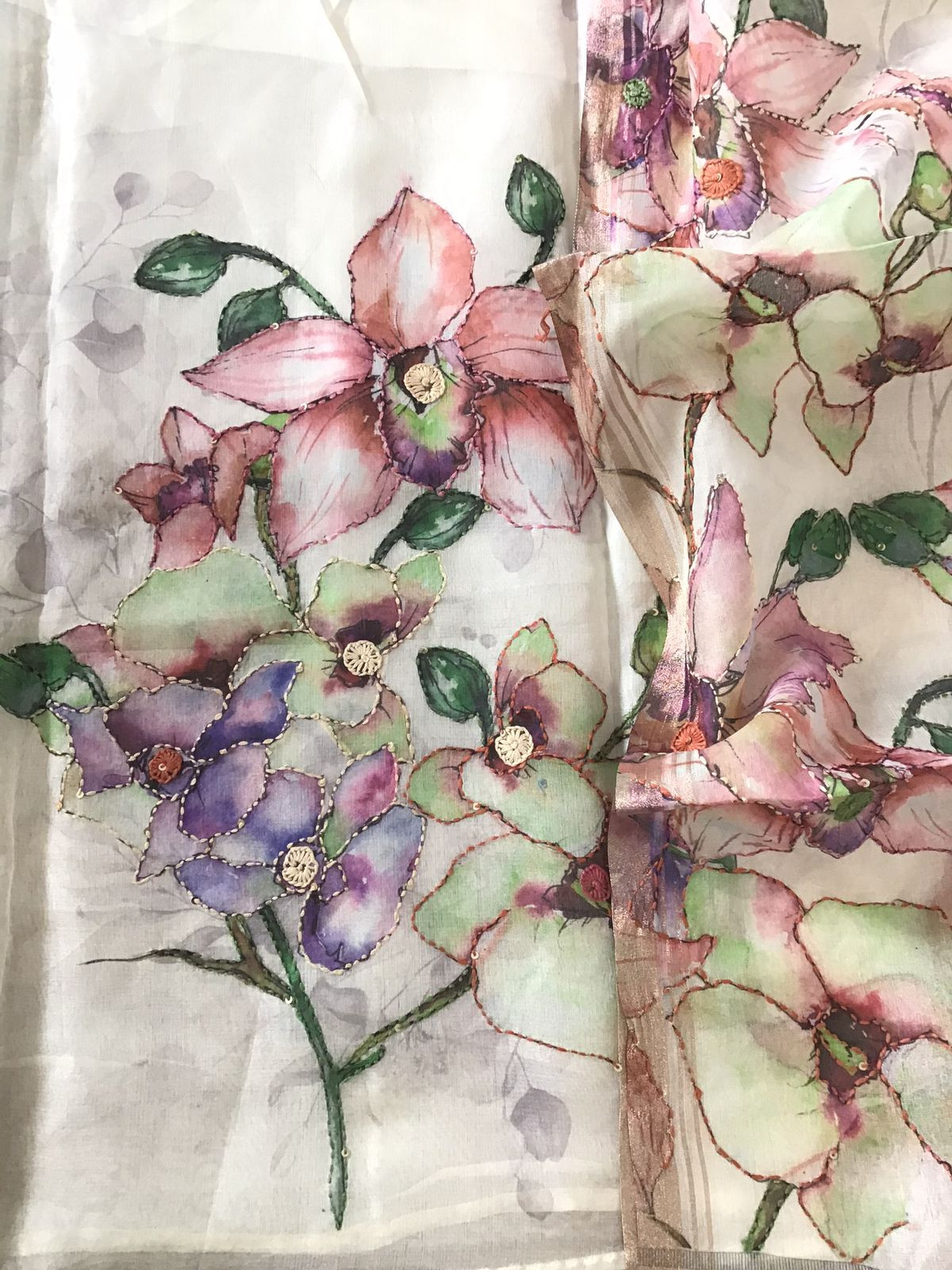 Soft Semi Organza Printed Embroidered Suit - Off White