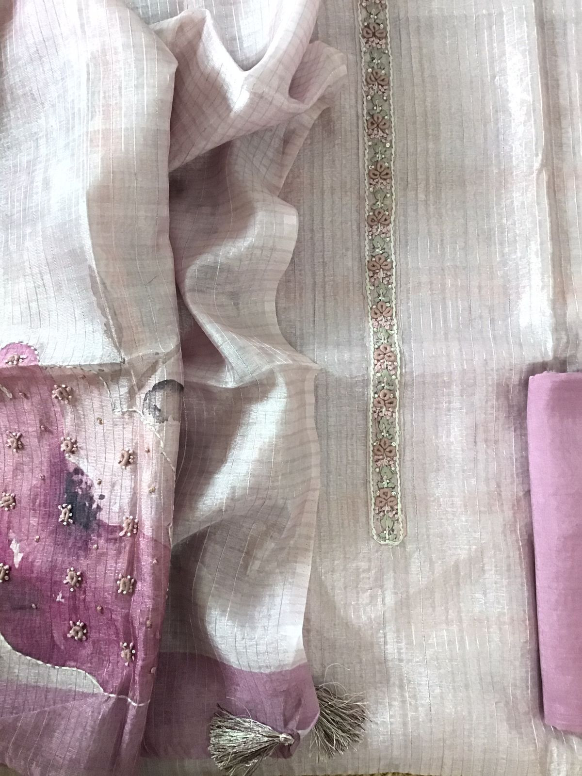 Soft Tissue Chanderi Printed Embroidered Suit - Pink