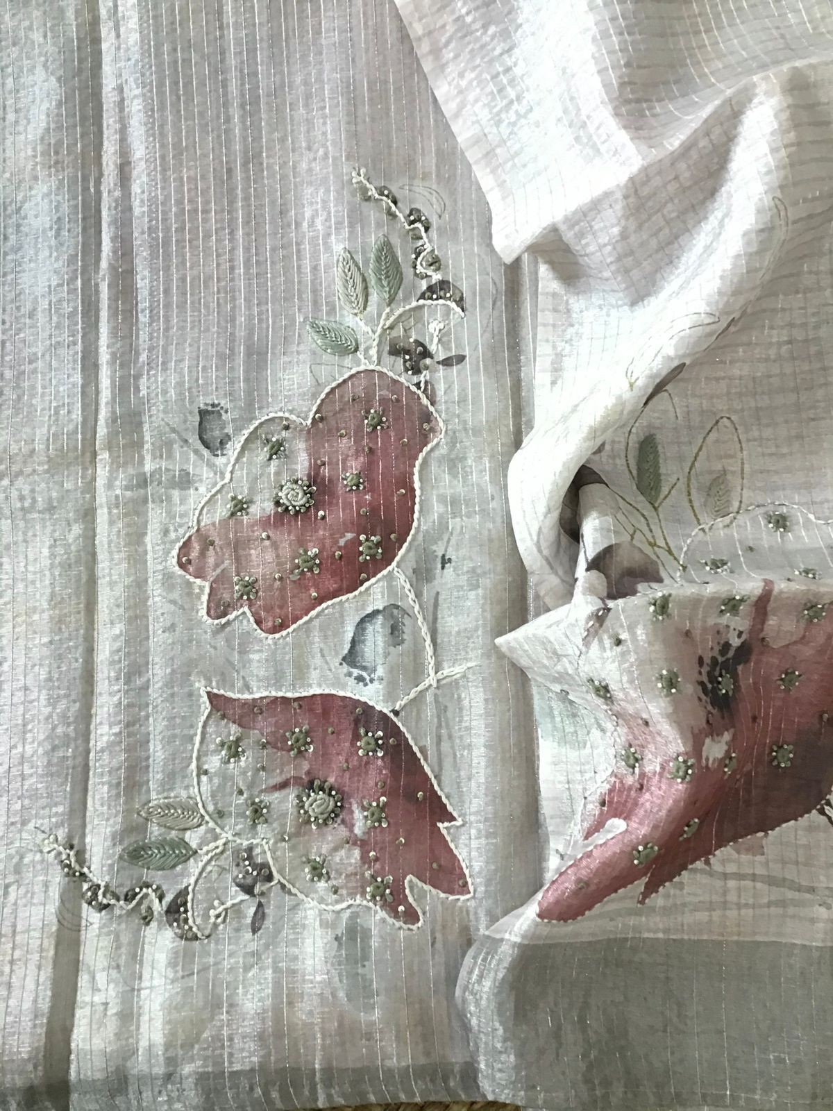 Soft Tissue Chanderi Printed Embroidered Suit - Grey