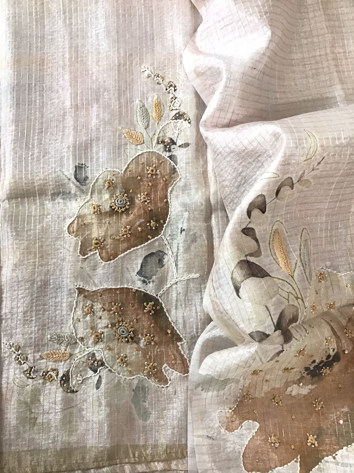 Soft Tissue Chanderi Printed Embroidered Suit - Beige