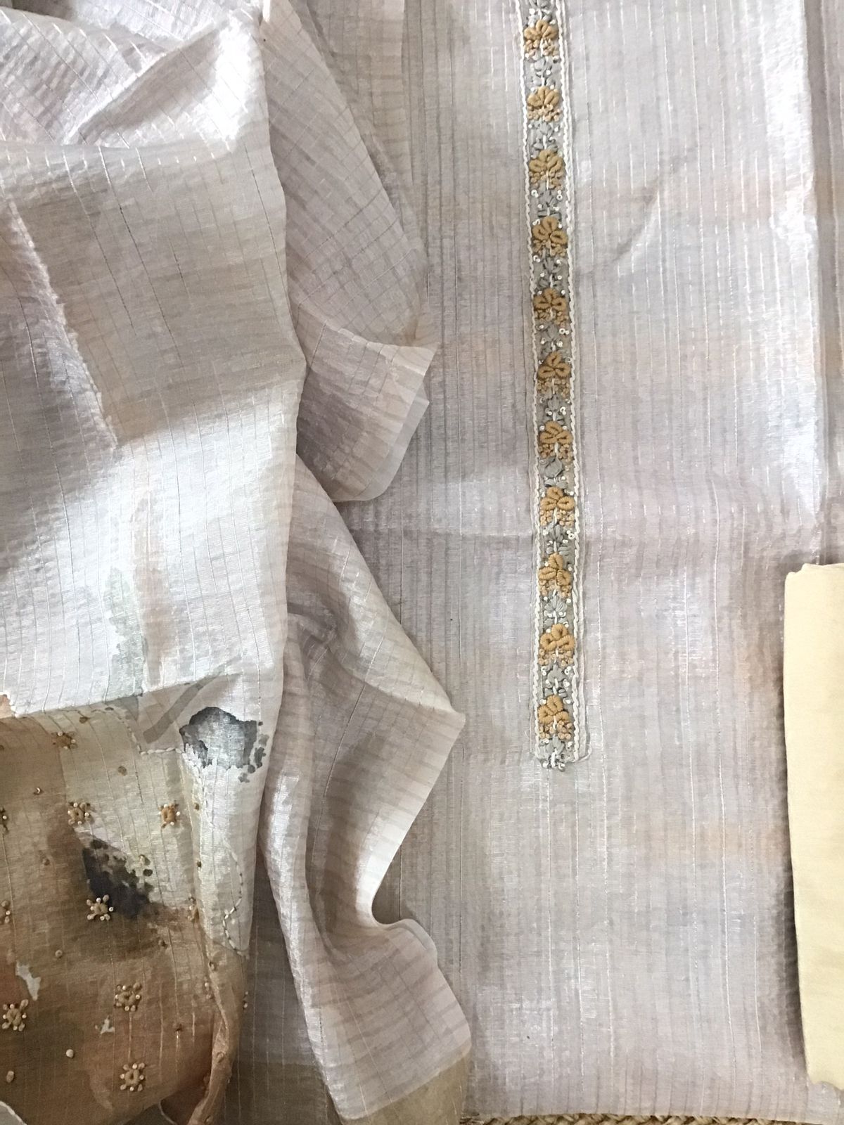 Soft Tissue Chanderi Printed Embroidered Suit - Beige