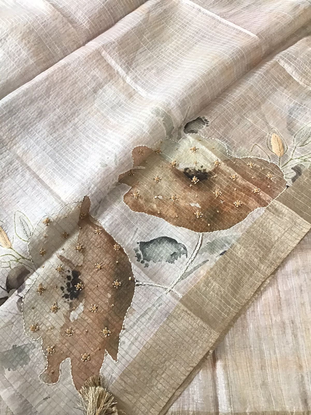 Soft Tissue Chanderi Printed Embroidered Suit - Beige