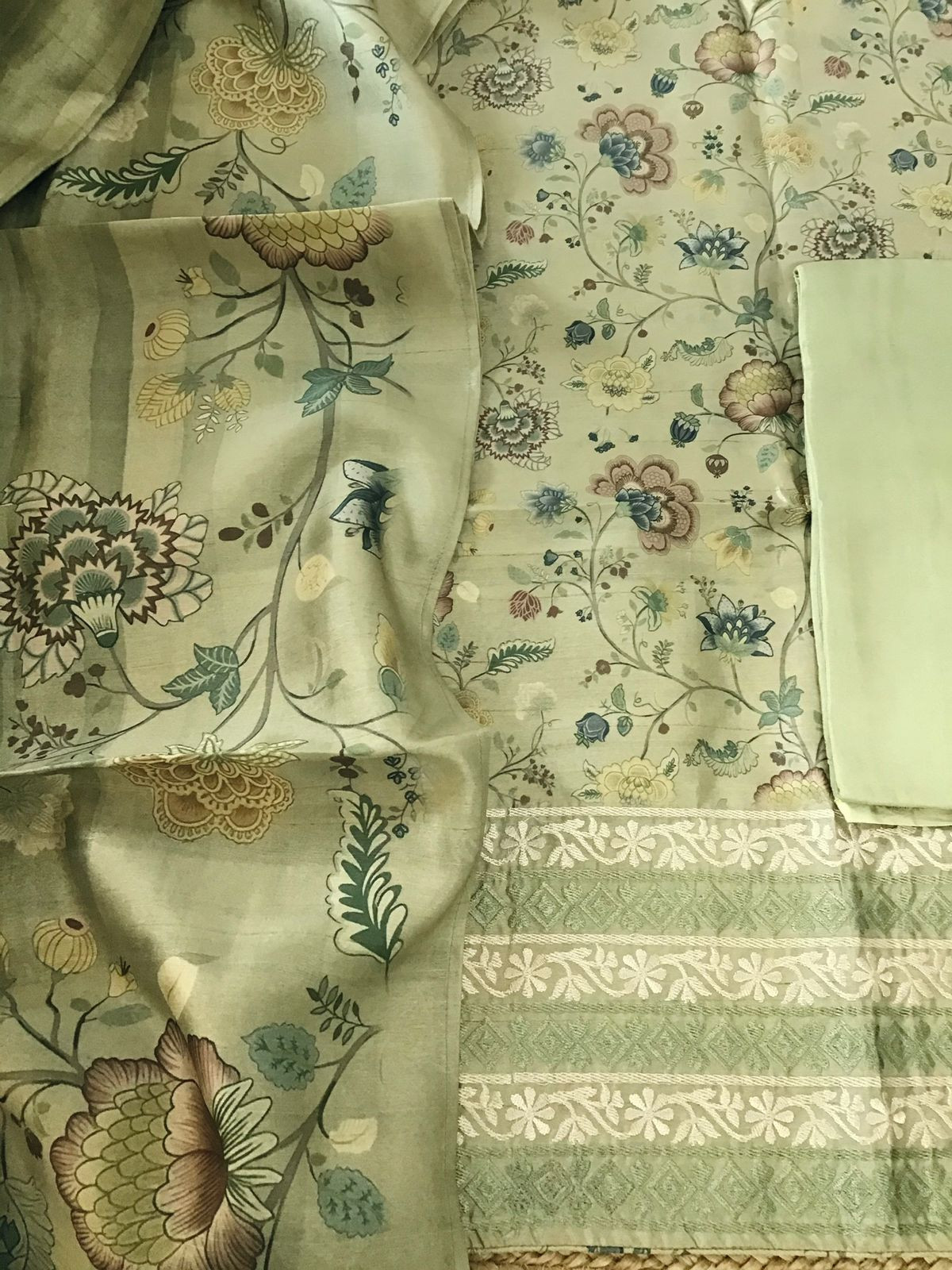 Soft Semi Tussar Printed Embroidered Suit - Green