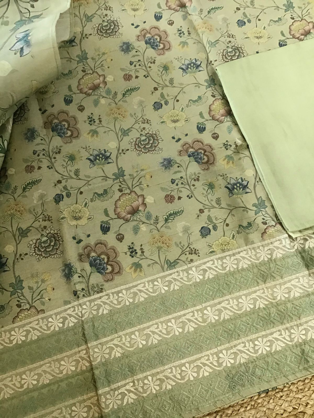 Soft Semi Tussar Printed Embroidered Suit - Green