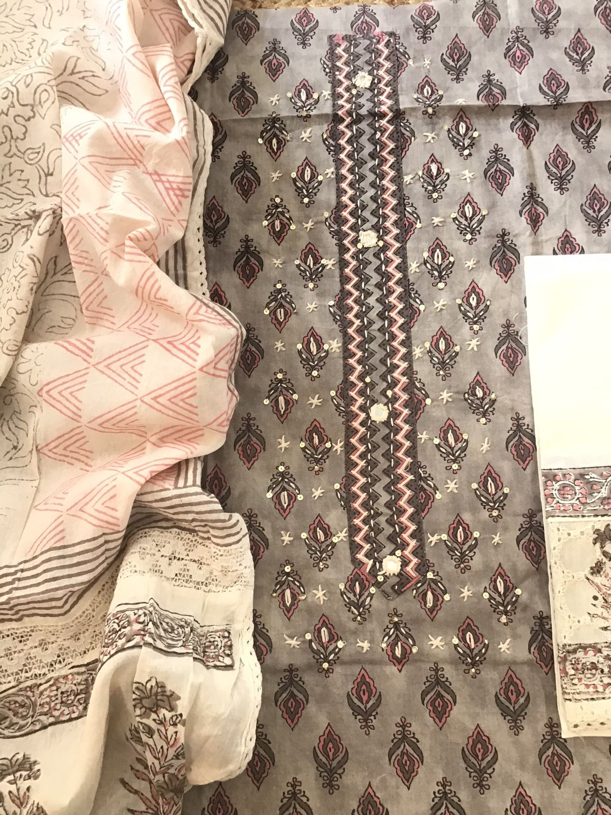 Pure Cotton Printed Embroidered Suit - Grey