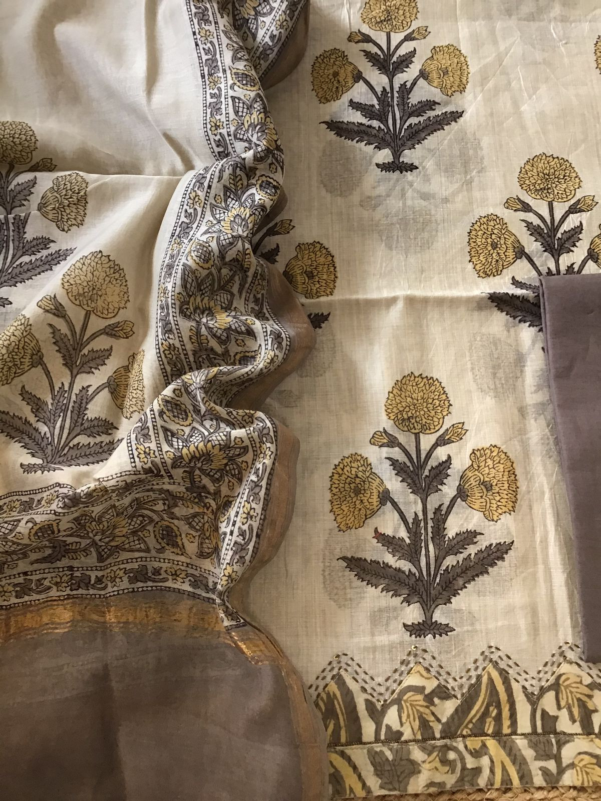 Soft Slub Chanderi Printed Embroidered Border Suit - Beige