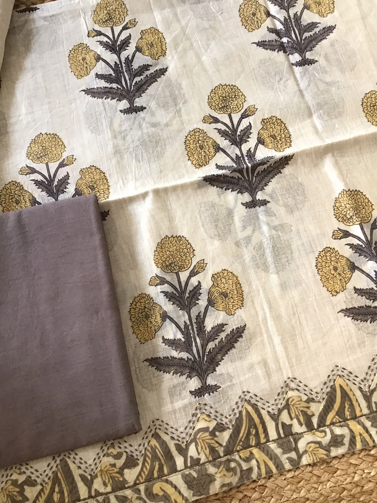 Soft Slub Chanderi Printed Embroidered Border Suit - Beige