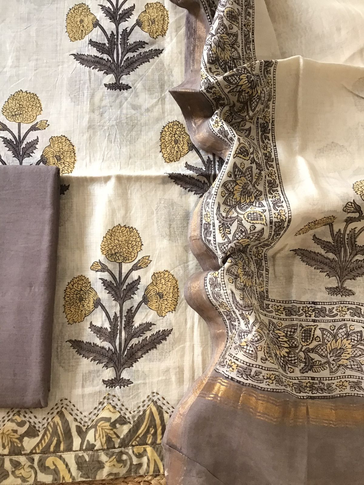 Soft Slub Chanderi Printed Embroidered Border Suit - Beige