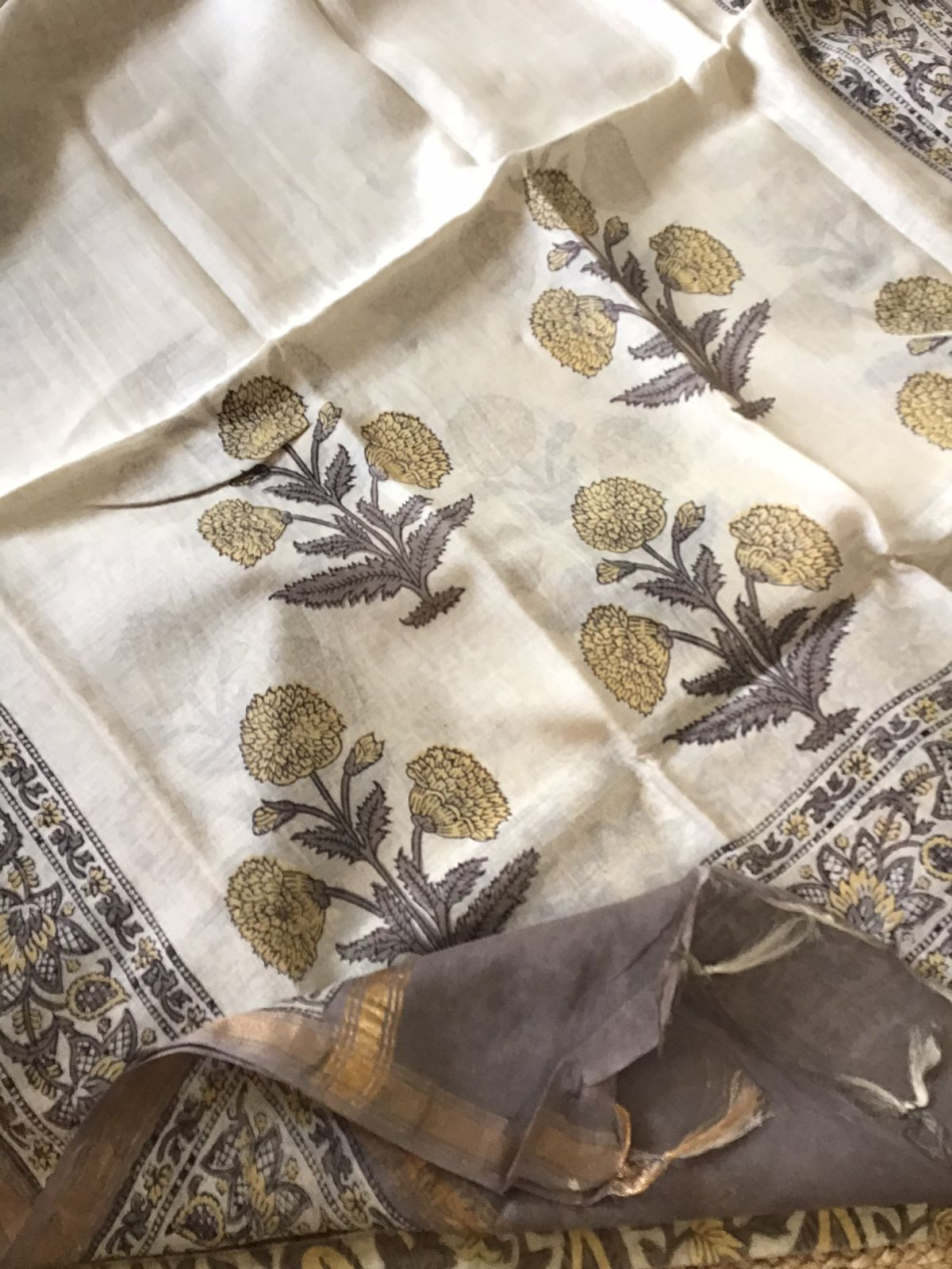 Soft Slub Chanderi Printed Embroidered Border Suit - Beige