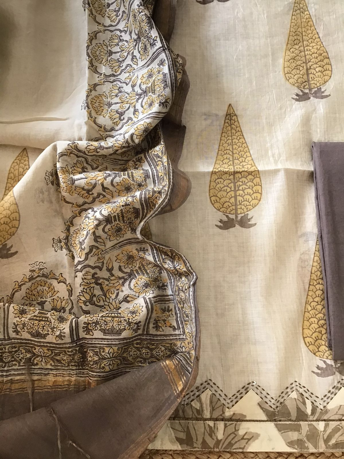 Soft Slub Chanderi Printed Embroidered Border Suit - Beige