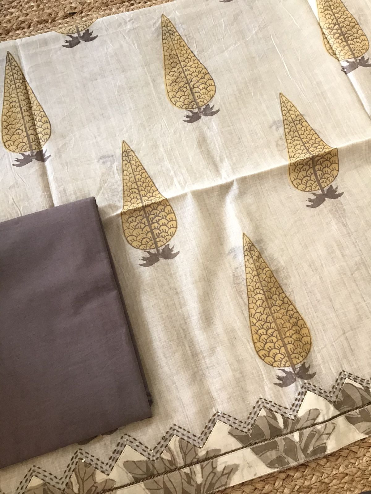 Soft Slub Chanderi Printed Embroidered Border Suit - Beige