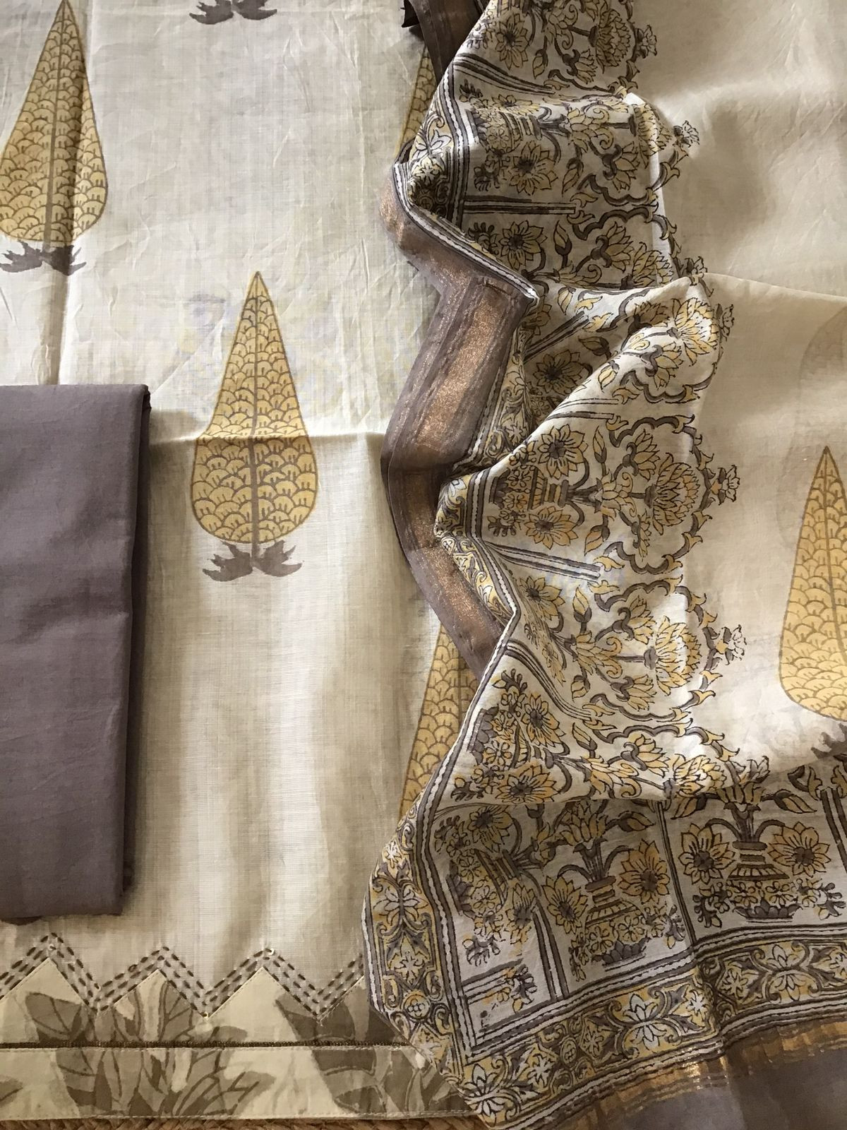 Soft Slub Chanderi Printed Embroidered Border Suit - Beige