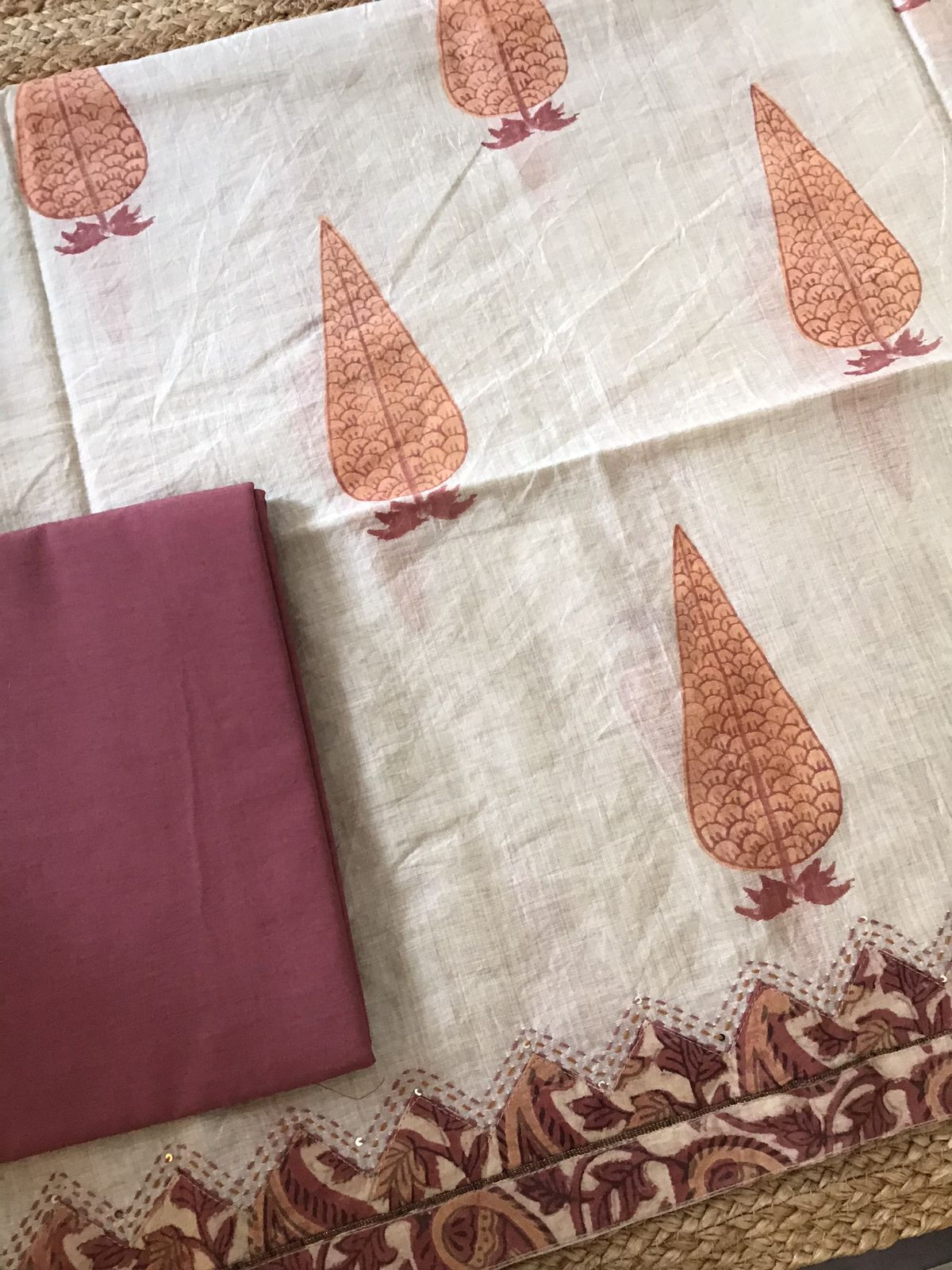 Soft Slub Chanderi Printed Embroidered Border Suit - Beige