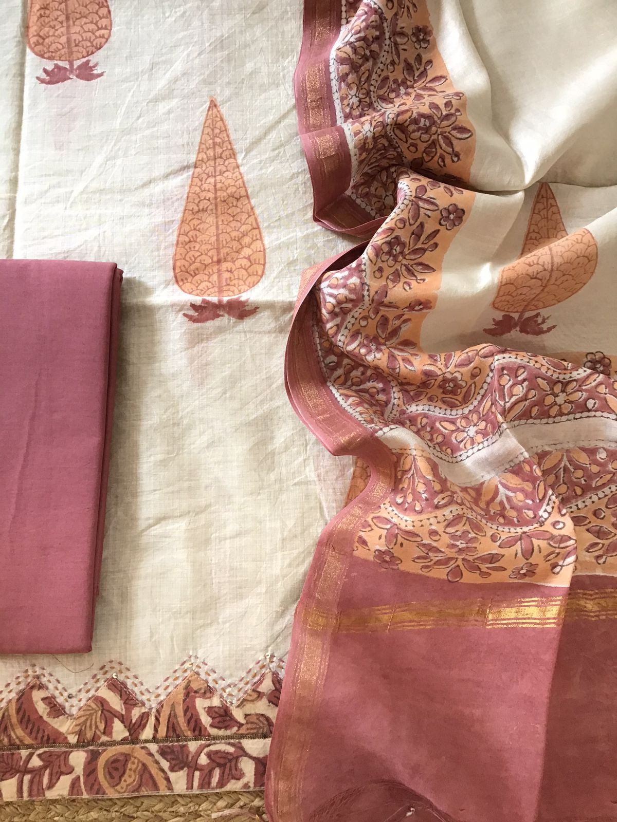 Soft Slub Chanderi Printed Embroidered Border Suit - Beige