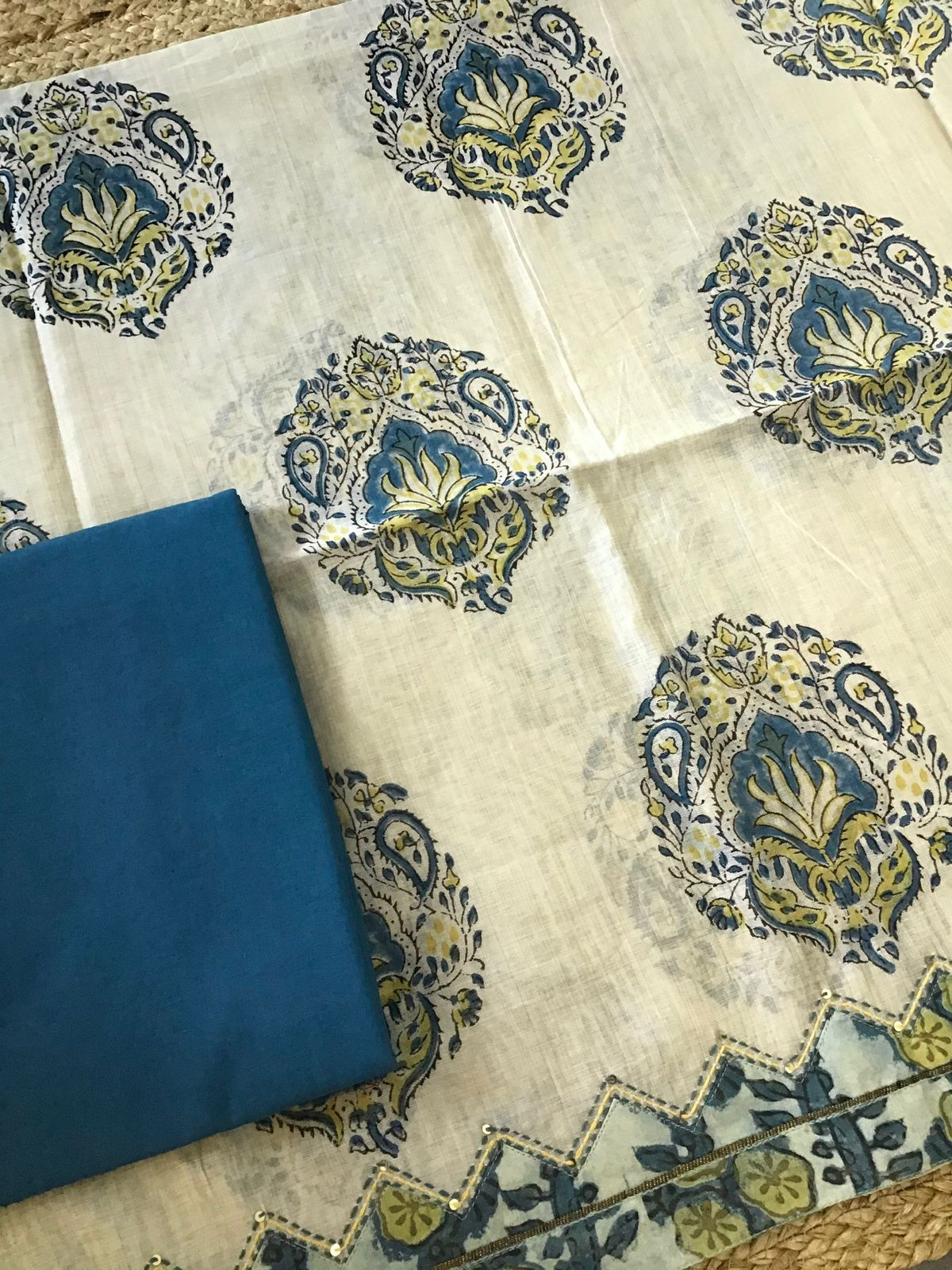 Soft Slub Chanderi Printed Embroidered Border Suit - Beige