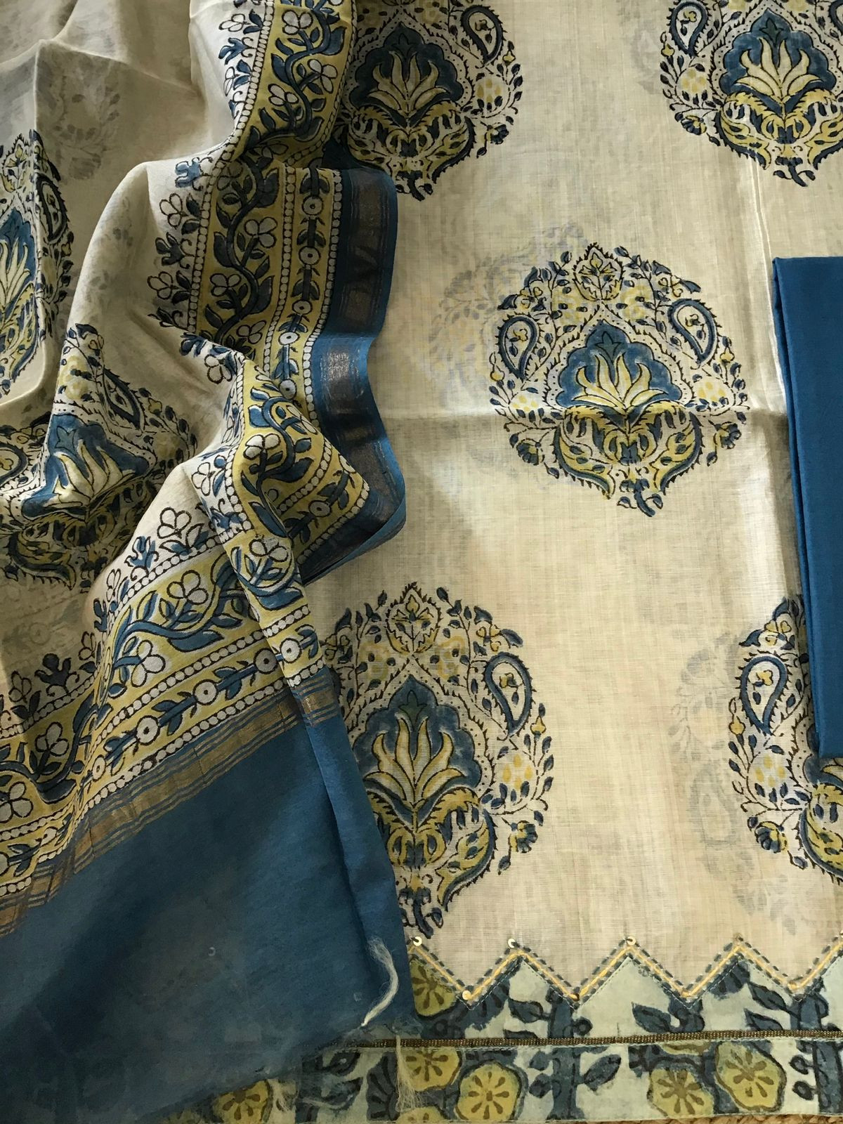 Soft Slub Chanderi Printed Embroidered Border Suit - Beige