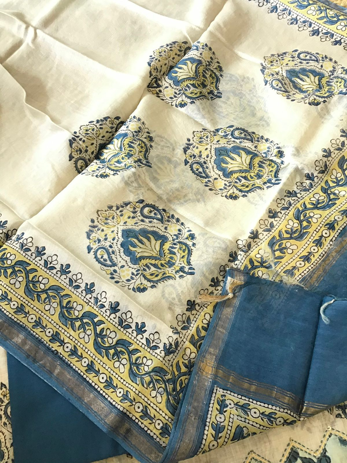 Soft Slub Chanderi Printed Embroidered Border Suit - Beige